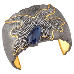 Designer Fancy Sapphire and Diamond Cuff Bangle Silver and Gold
