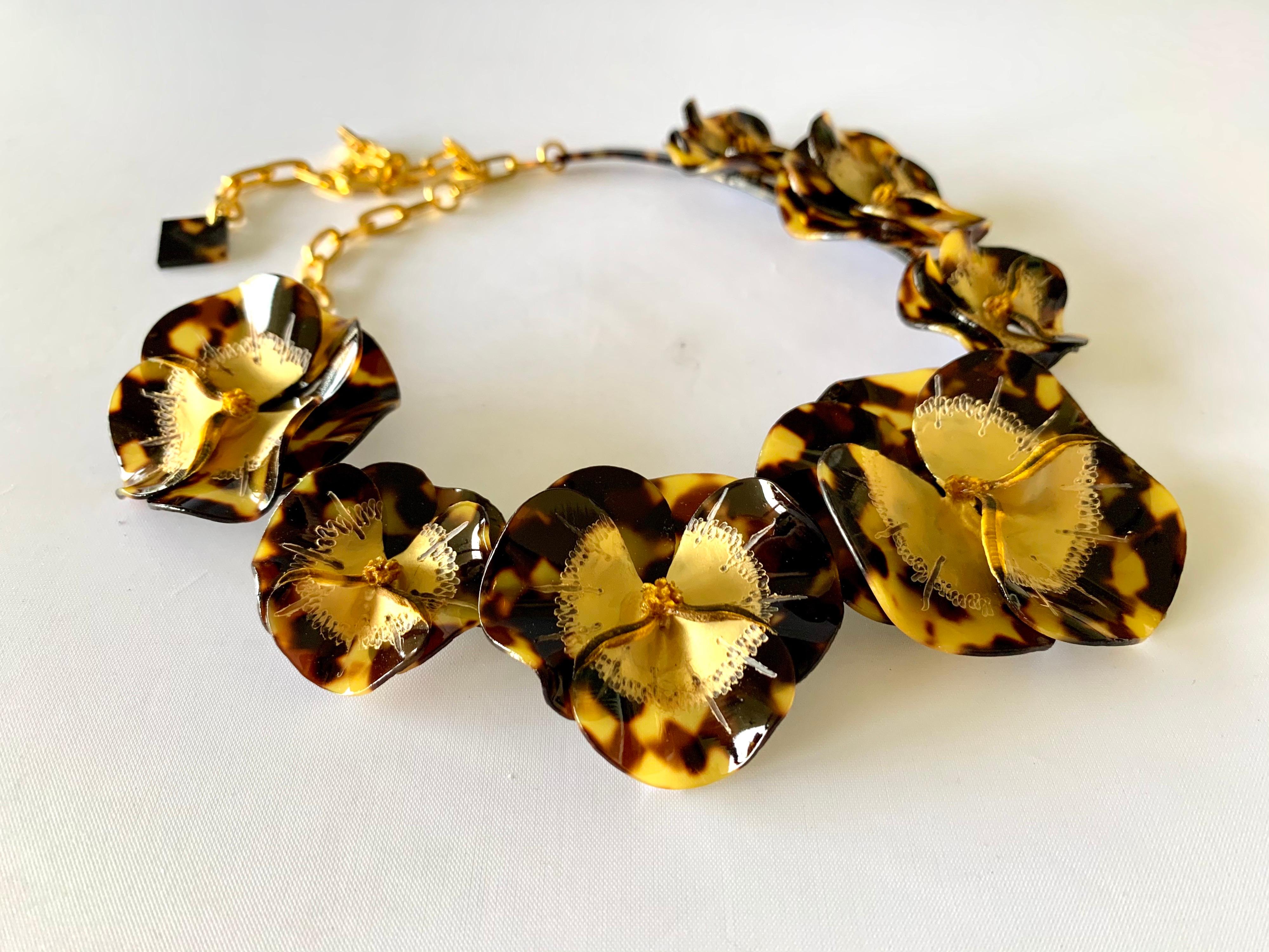 Contemporary Designer Faux Tortoise Gold-leaf Pansy Statement Necklace  