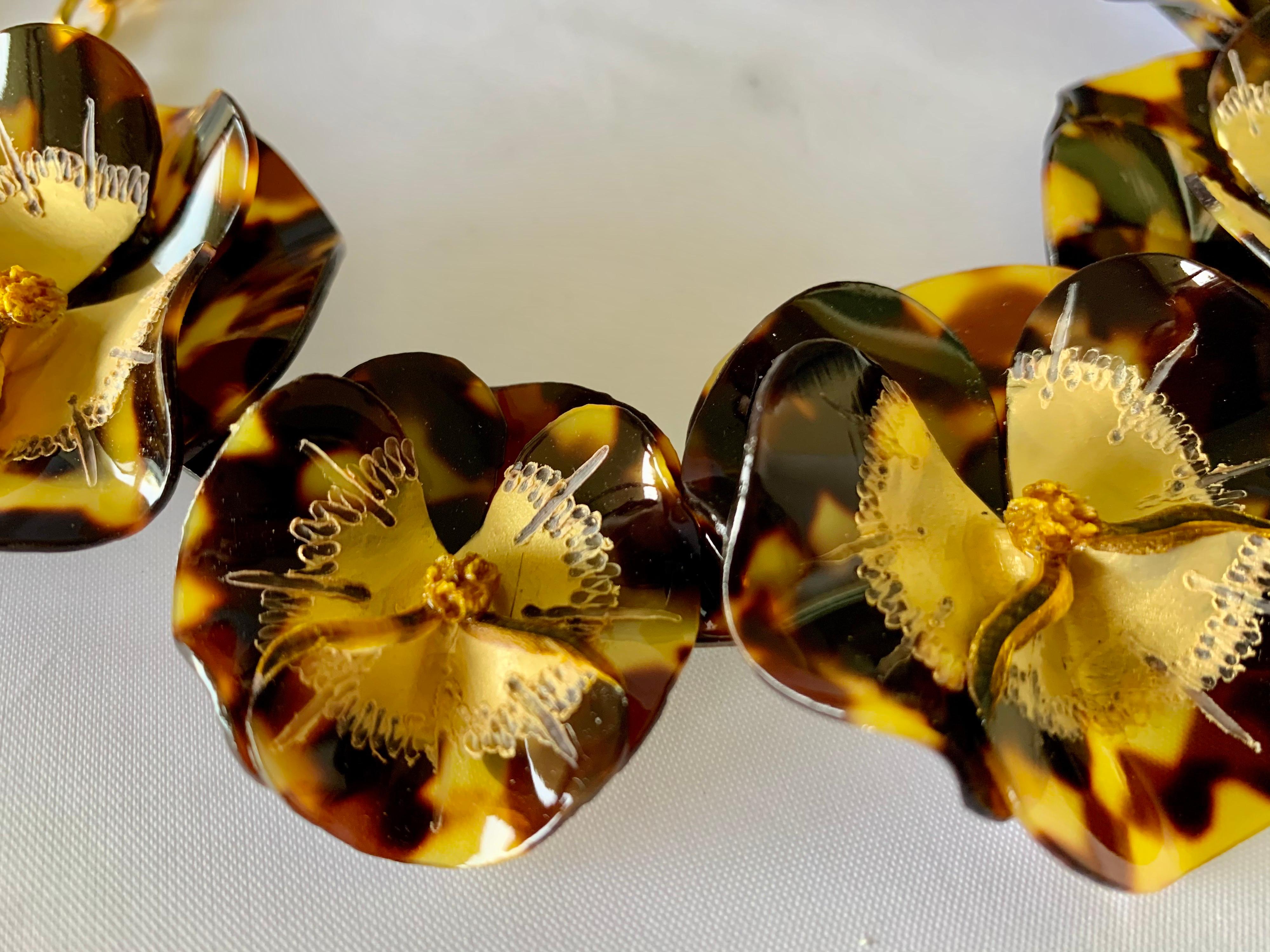 Designer Faux Tortoise Gold-leaf Pansy Statement Necklace   In New Condition In Palm Springs, CA