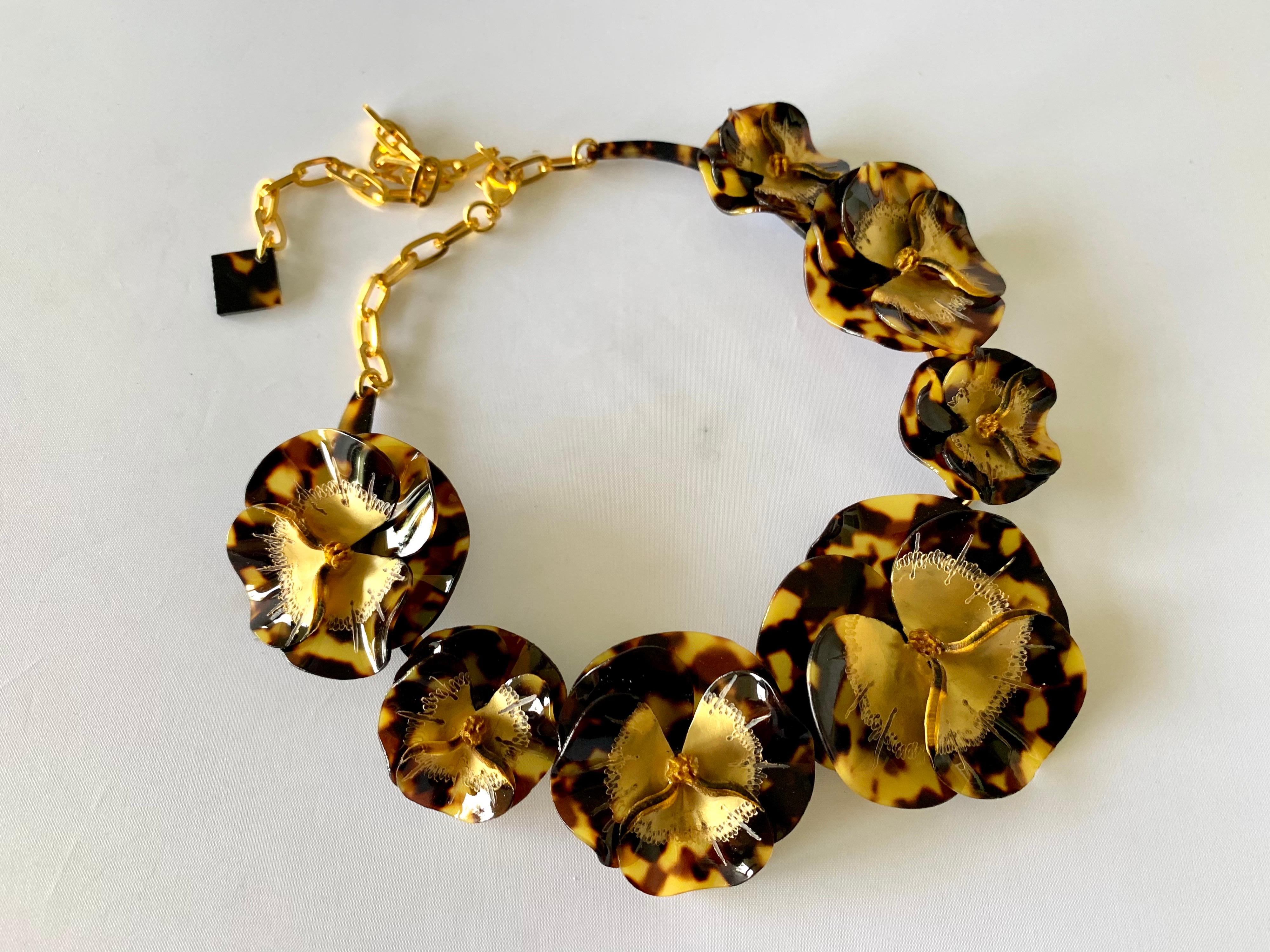 Women's Designer Faux Tortoise Gold-leaf Pansy Statement Necklace  
