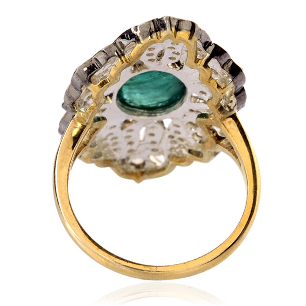 Artisan Designer Filigree Work Emerald and Pave Diamond Ring in Gold and Silver For Sale