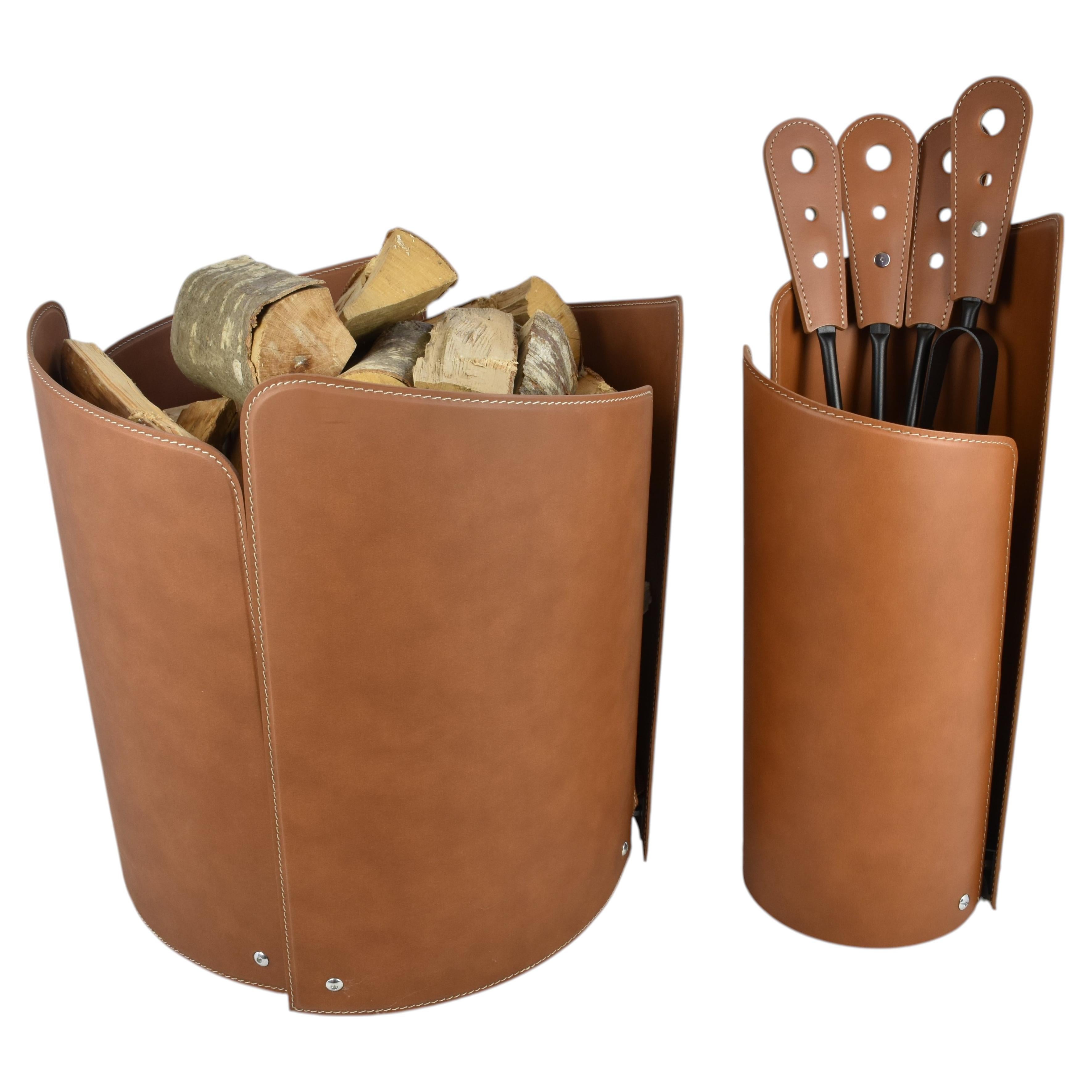Designer fireplace accessories in steel and regenerated leather ZEFIR