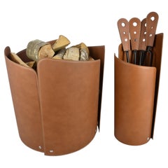 Designer fireplace accessories in steel and leather ZEFIR