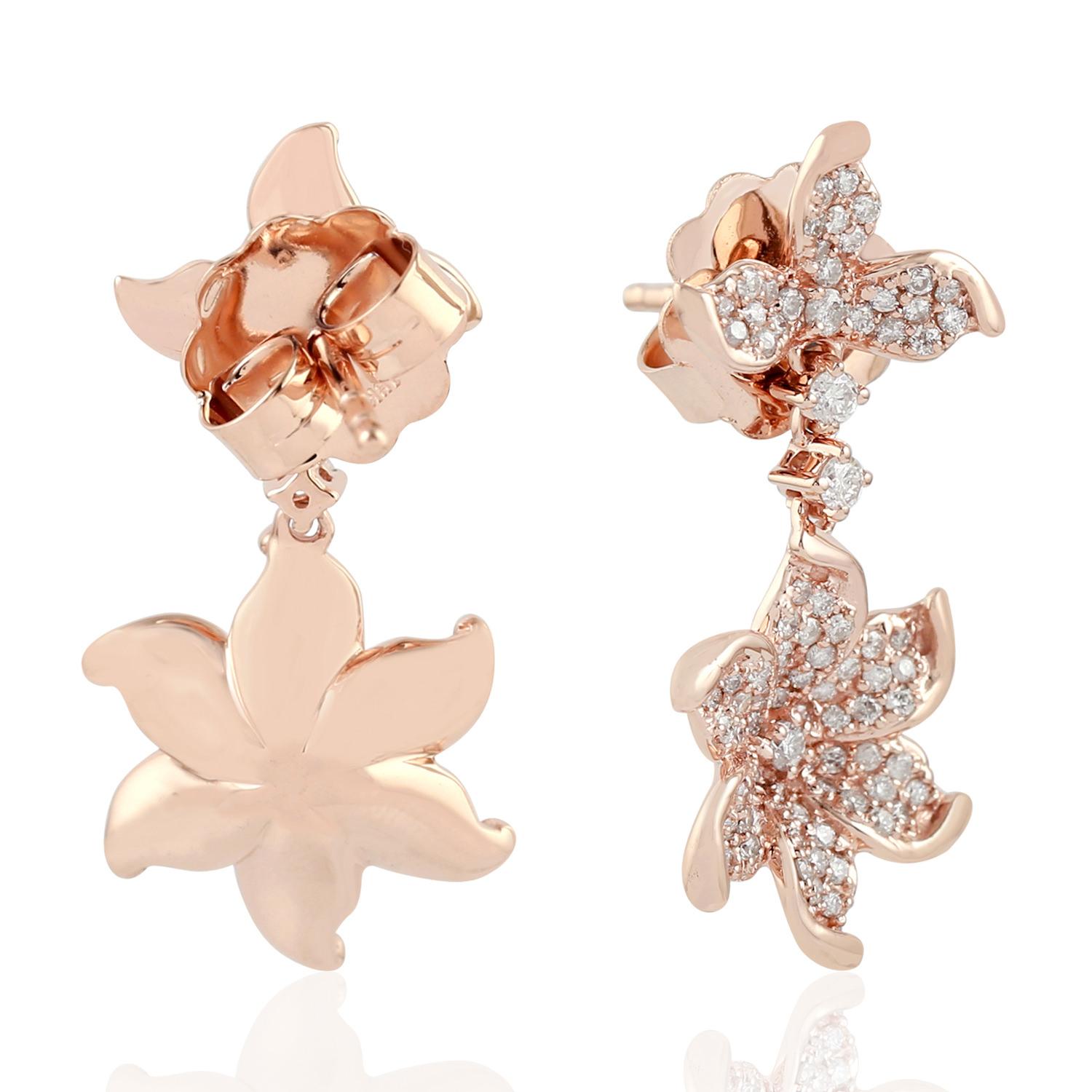 Modern Designer Floral Pattern Earrings with Pave Diamonds Made in 18k Rose Gold For Sale