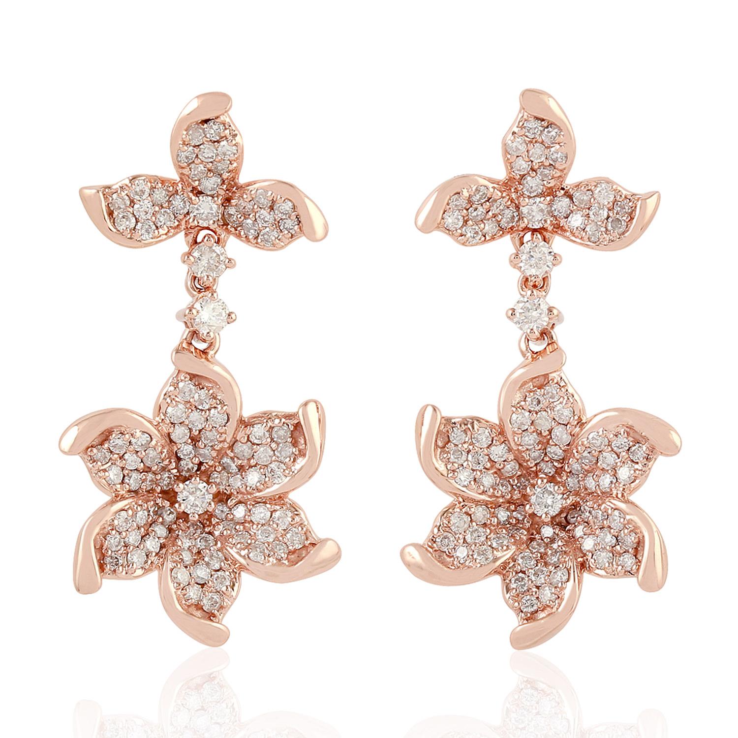 Mixed Cut Designer Floral Pattern Earrings with Pave Diamonds Made in 18k Rose Gold For Sale