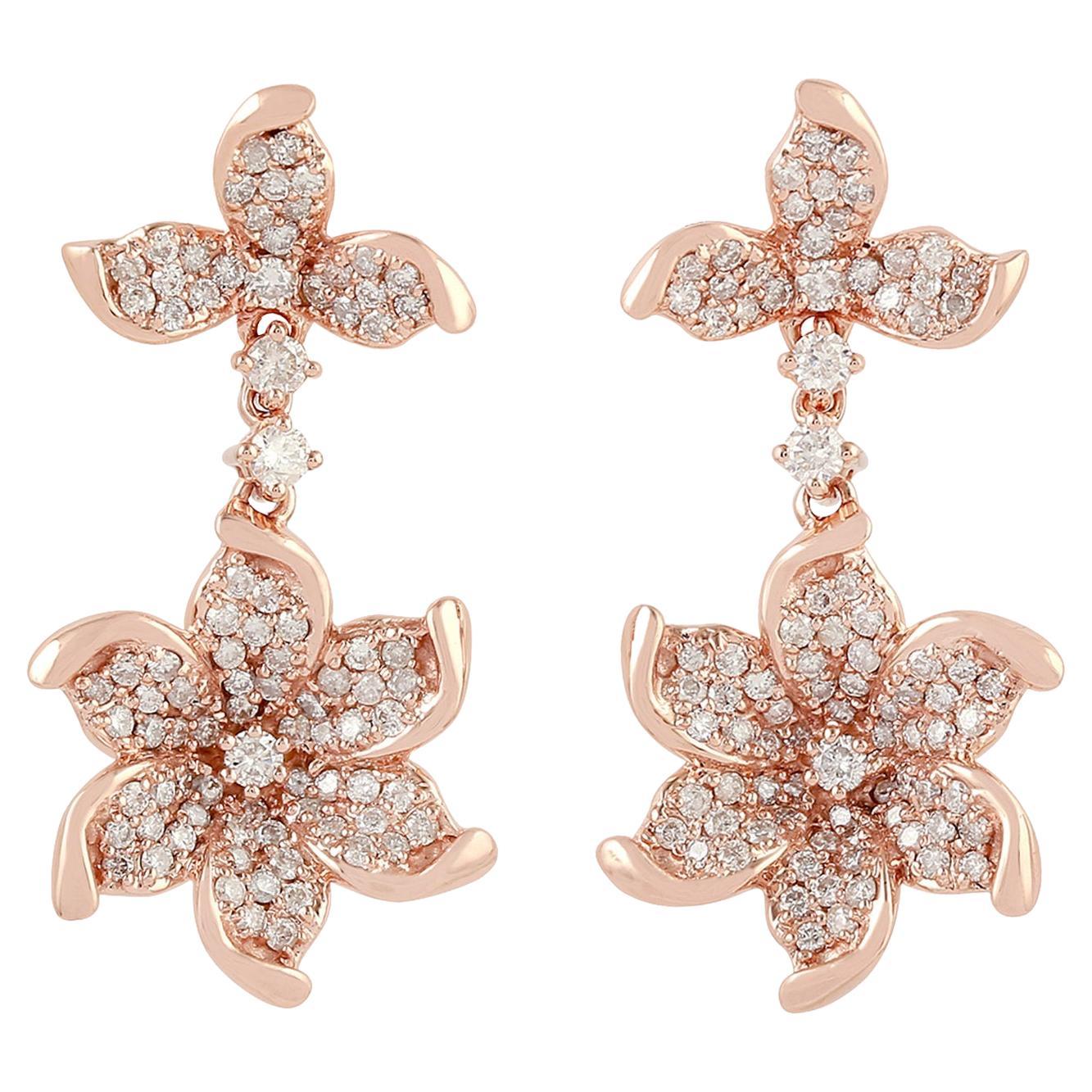 Designer Floral Pattern Earrings with Pave Diamonds Made in 18k Rose Gold For Sale