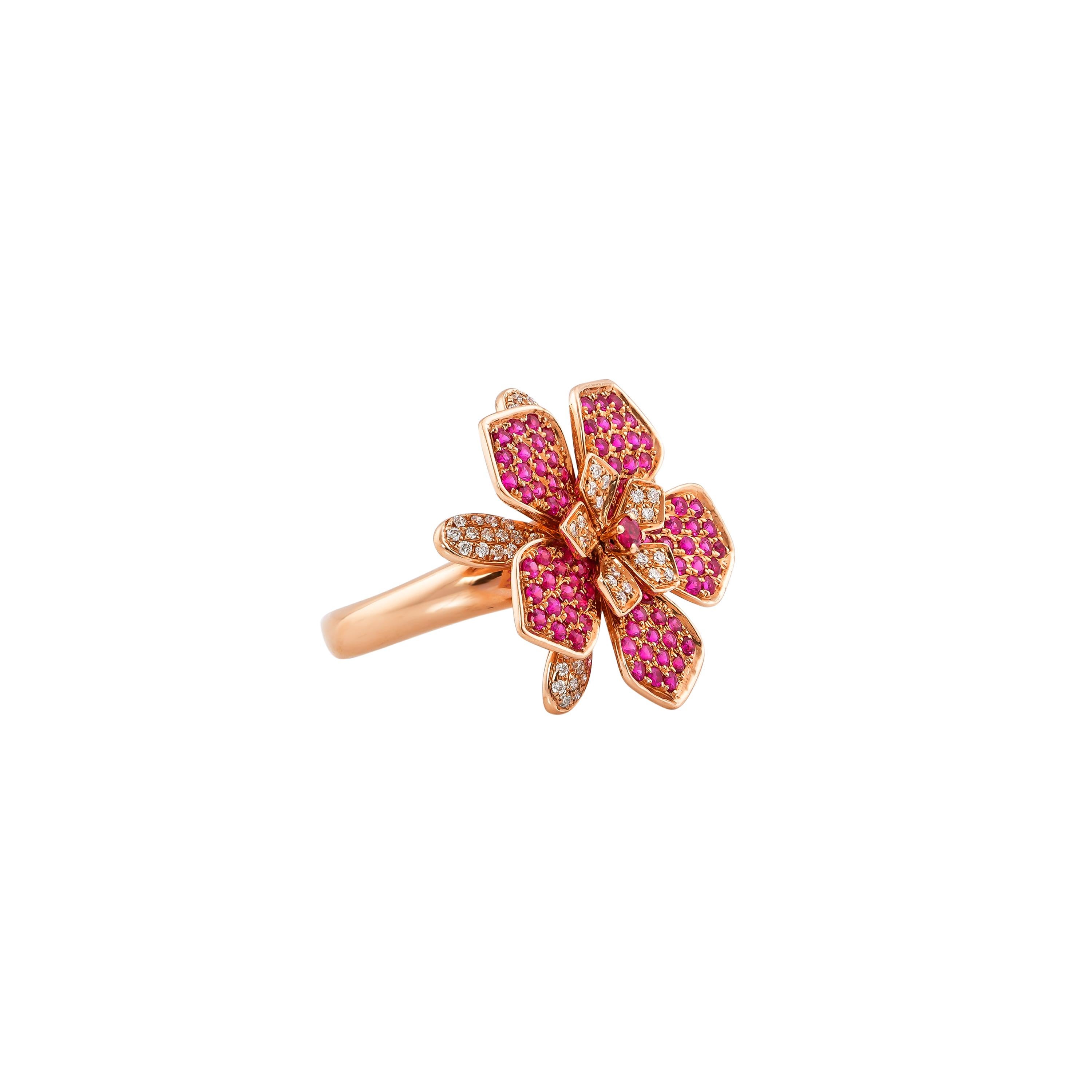 Contemporary Ruby & DIamond Floral Ring in 14 Karat Rose Gold  For Sale