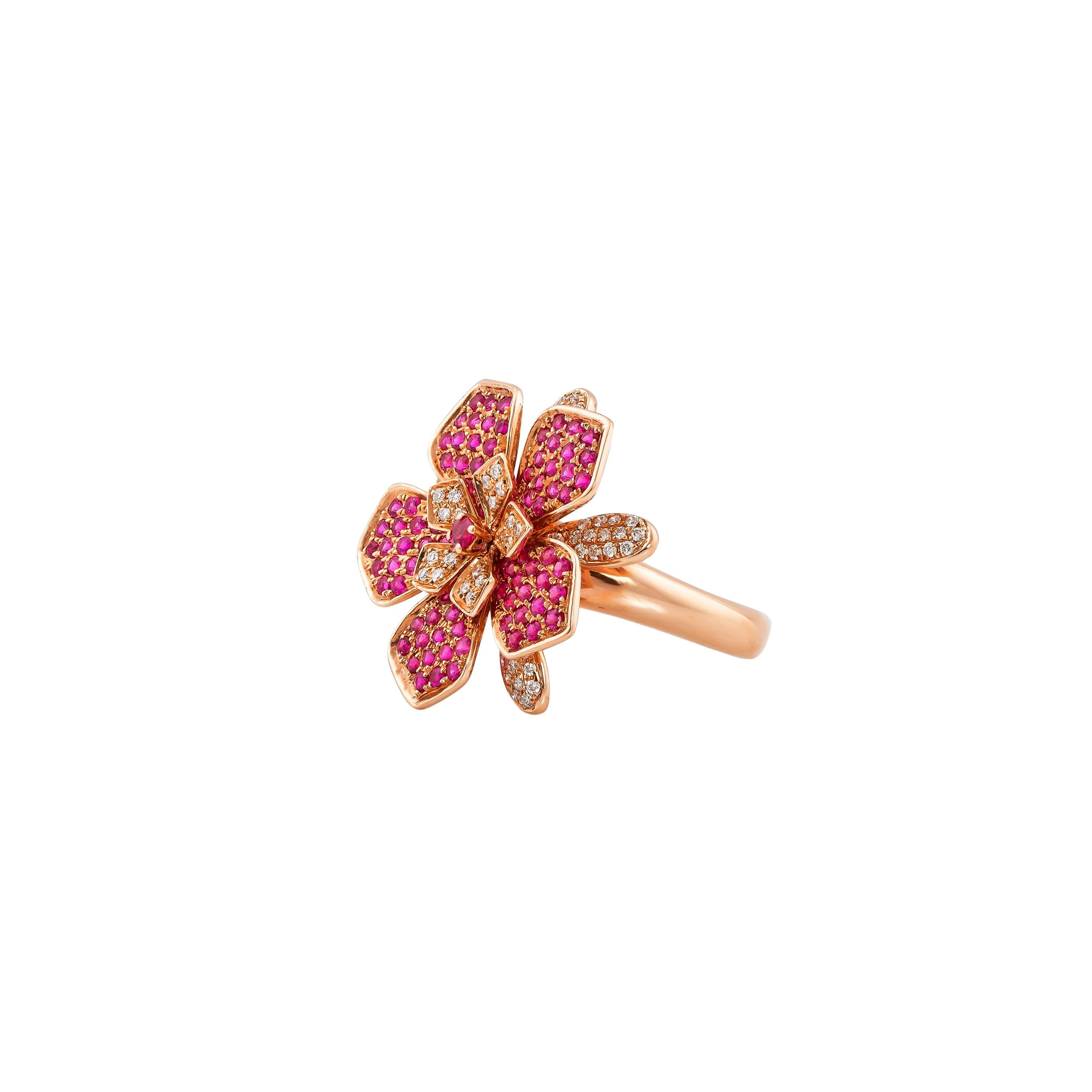 Ruby & DIamond Floral Ring in 14 Karat Rose Gold  In New Condition For Sale In Hong Kong, HK