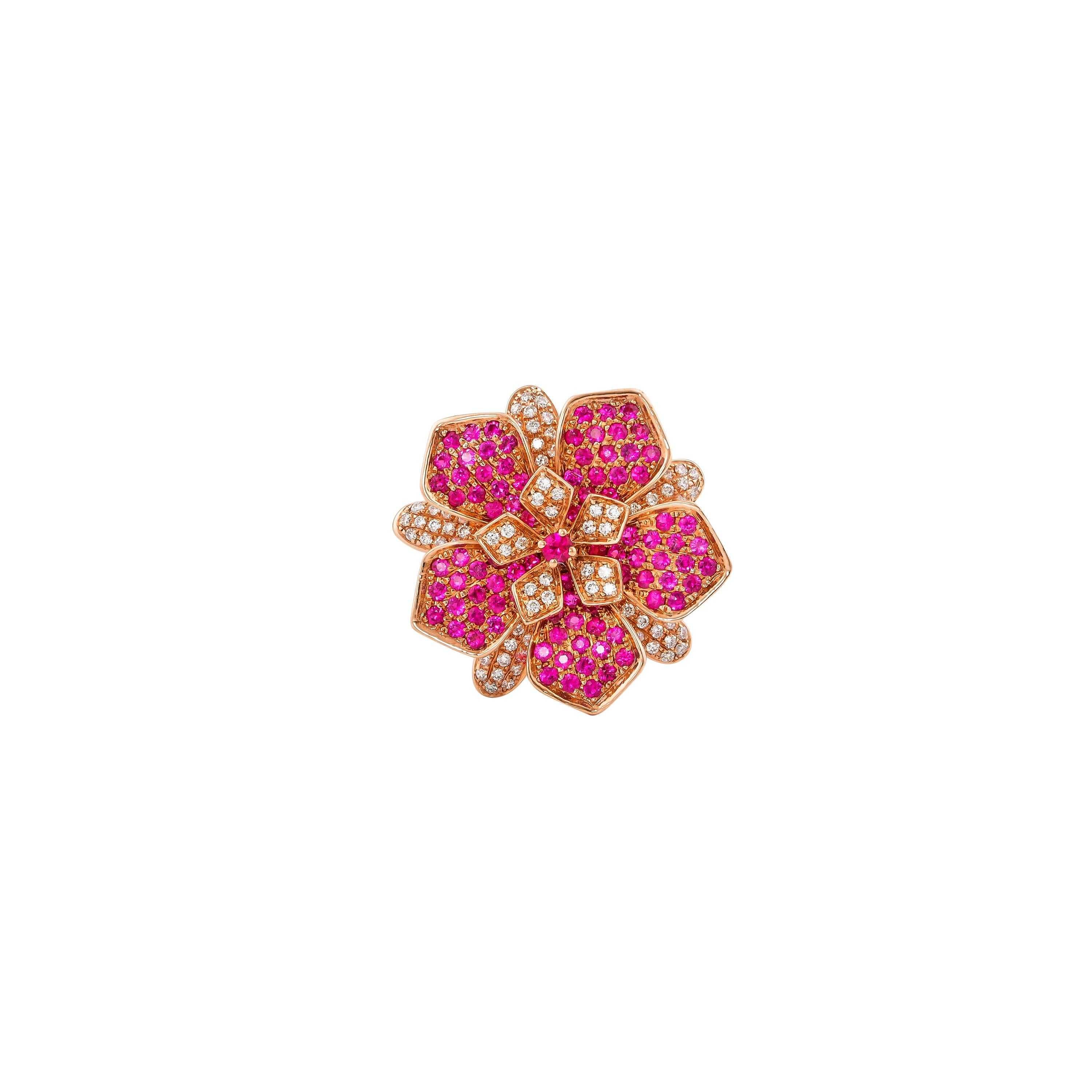 Ruby & DIamond Floral Ring in 14 Karat Rose Gold  For Sale 1