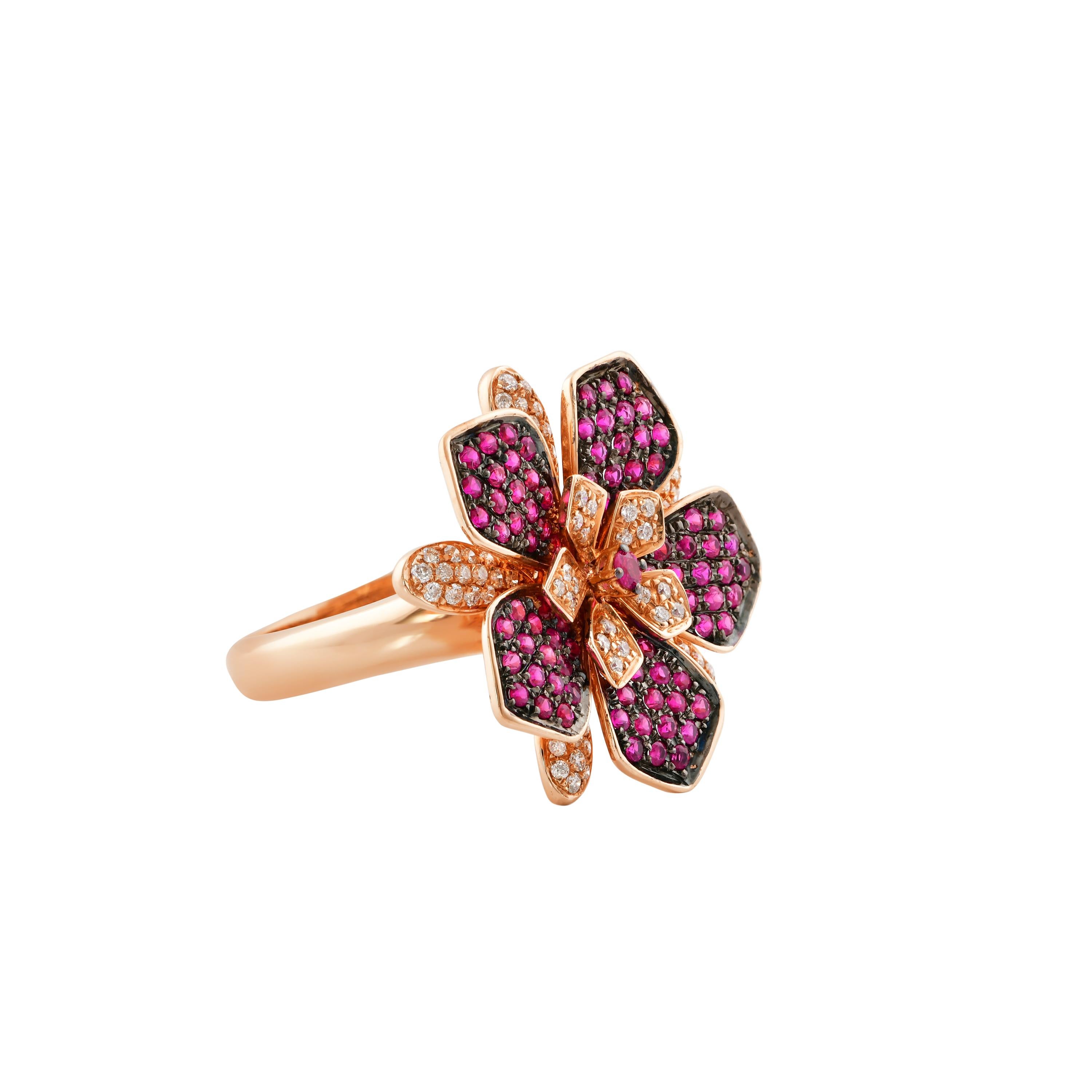 Contemporary Ruby & Diamond Floral Ring in 18 Karat Rose Gold  For Sale