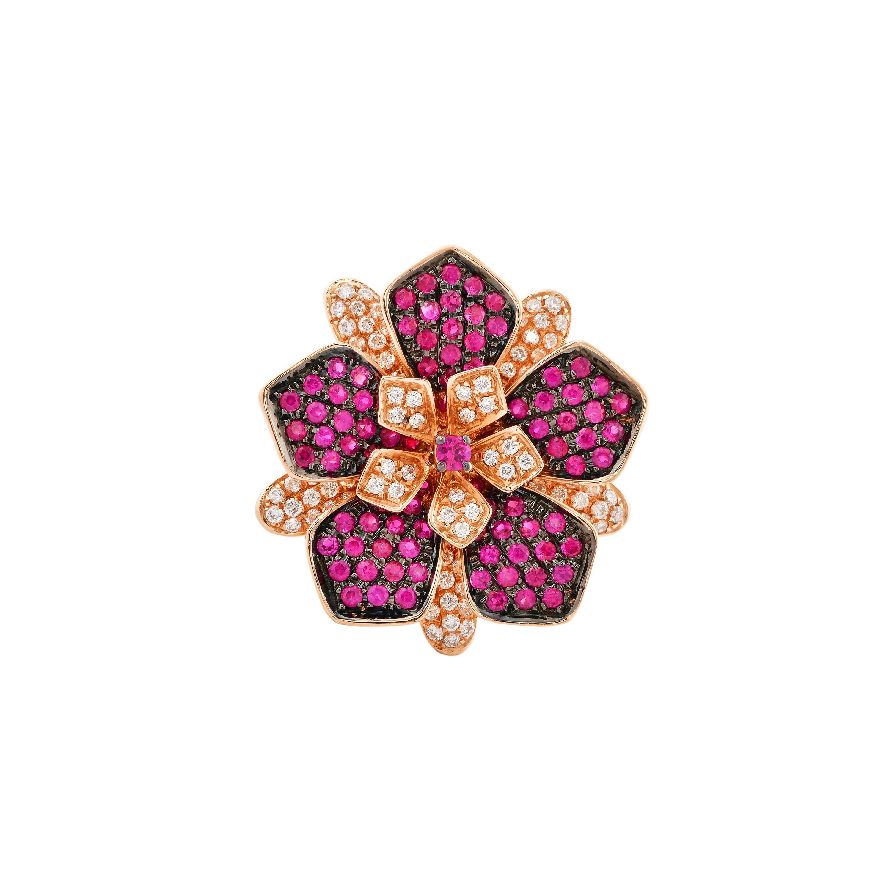 Ruby & Diamond Floral Ring in 18 Karat Rose Gold  For Sale 1