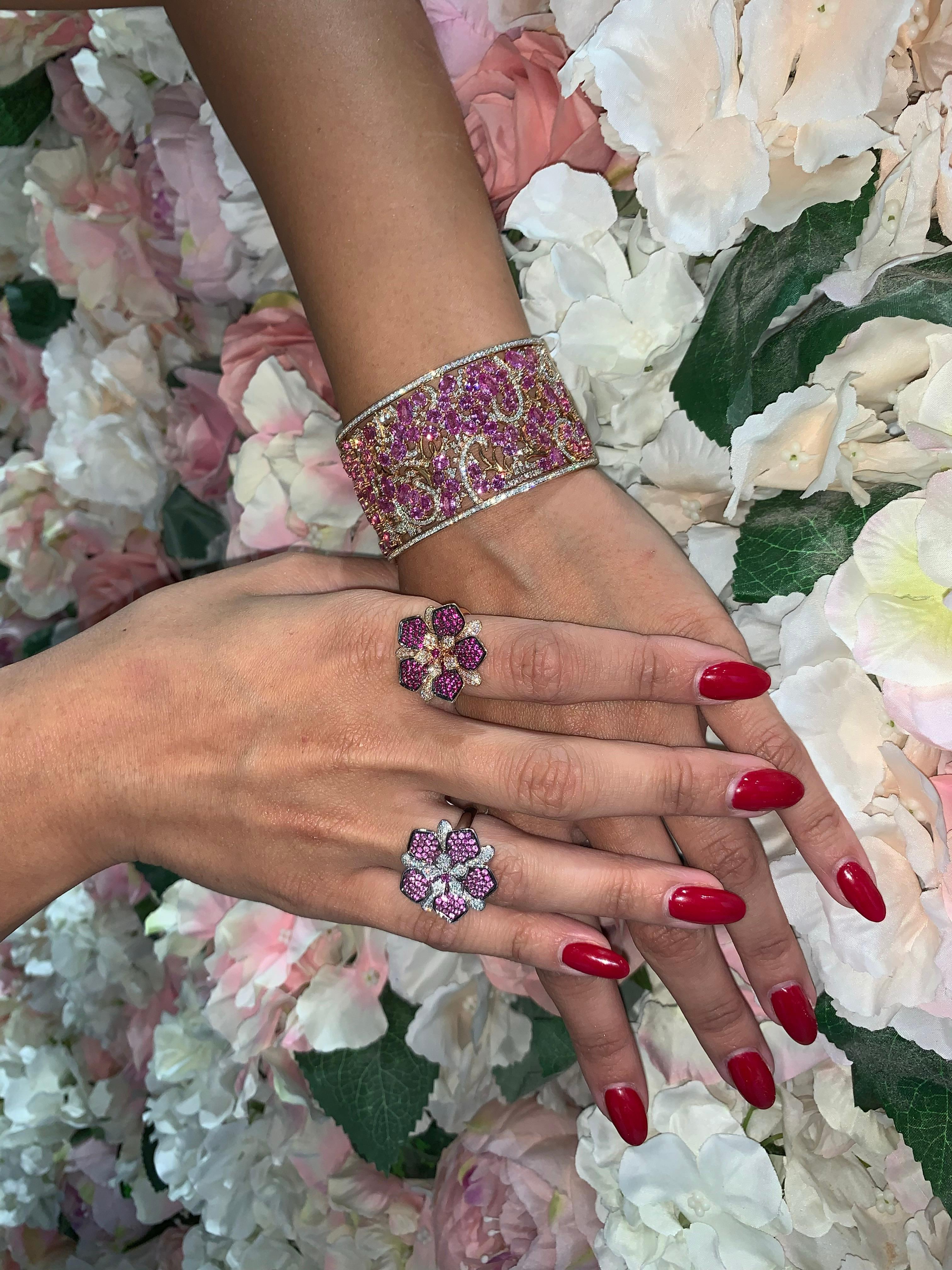 This ring is part of the exclusive Floral Fantasy Collection presented by Sunita Nahata. These simple floral designs are given an elegant touch with the multi layered architectural construction of the pieces. In addition, these rings are accented by
