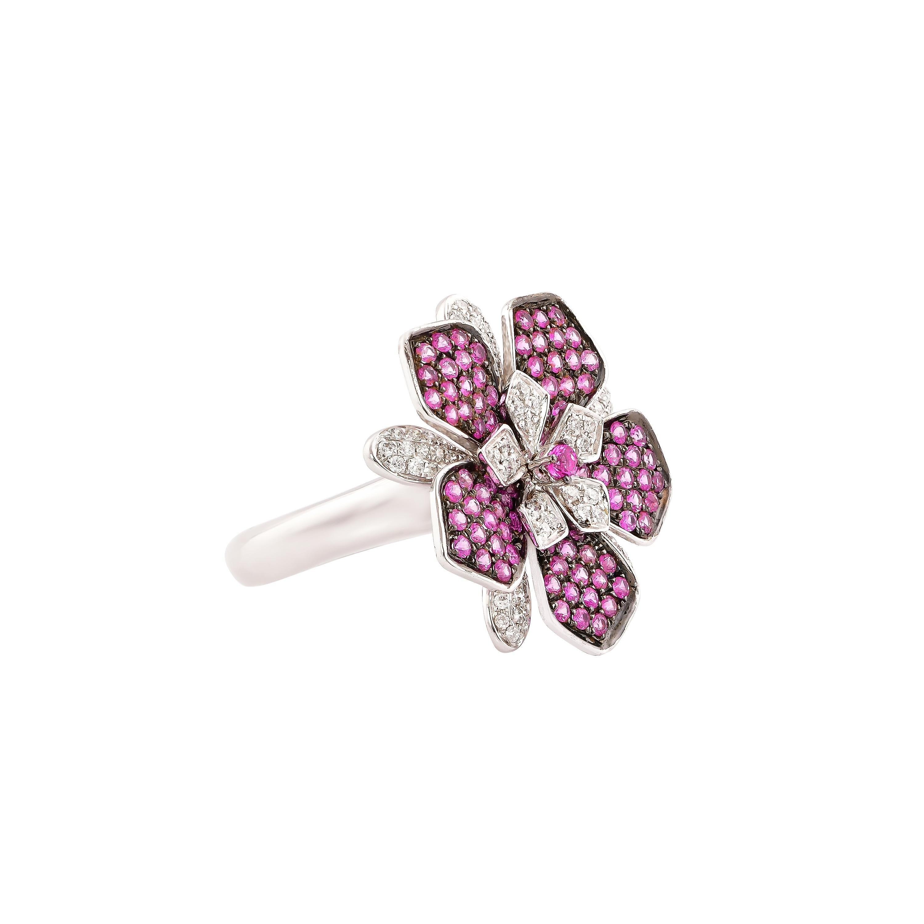 Contemporary Pink Sapphire & Diamond Floral Ring in 18 Karat White Gold