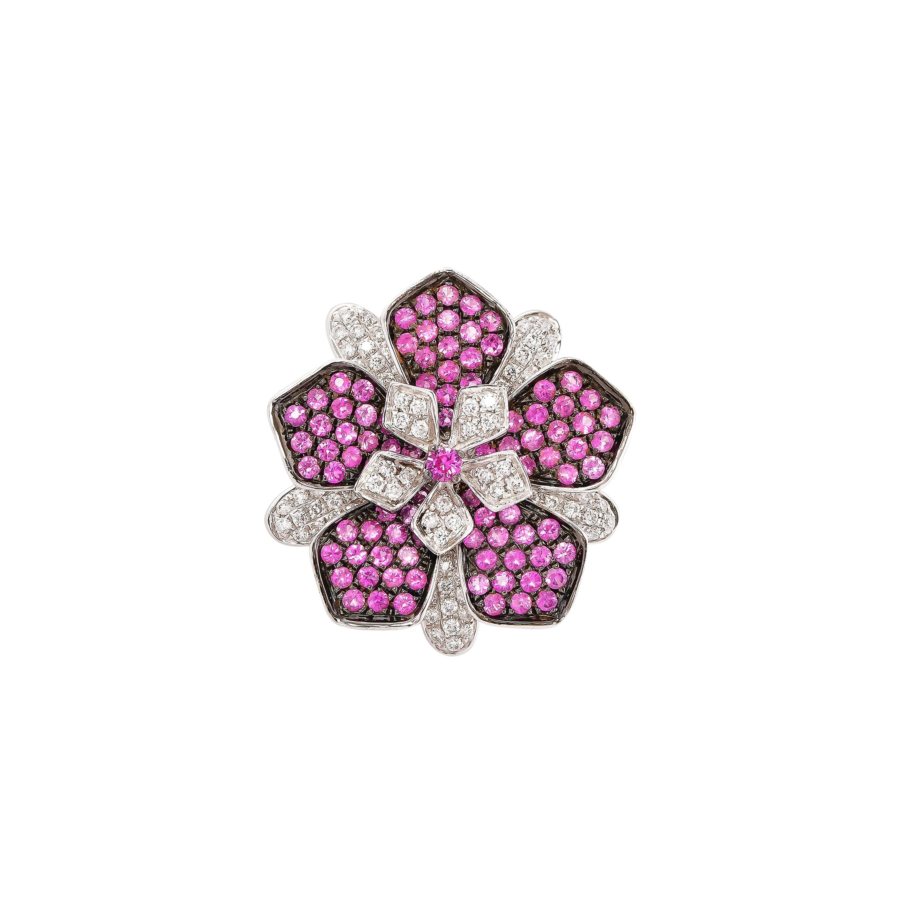 Pink Sapphire & Diamond Floral Ring in 18 Karat White Gold 1