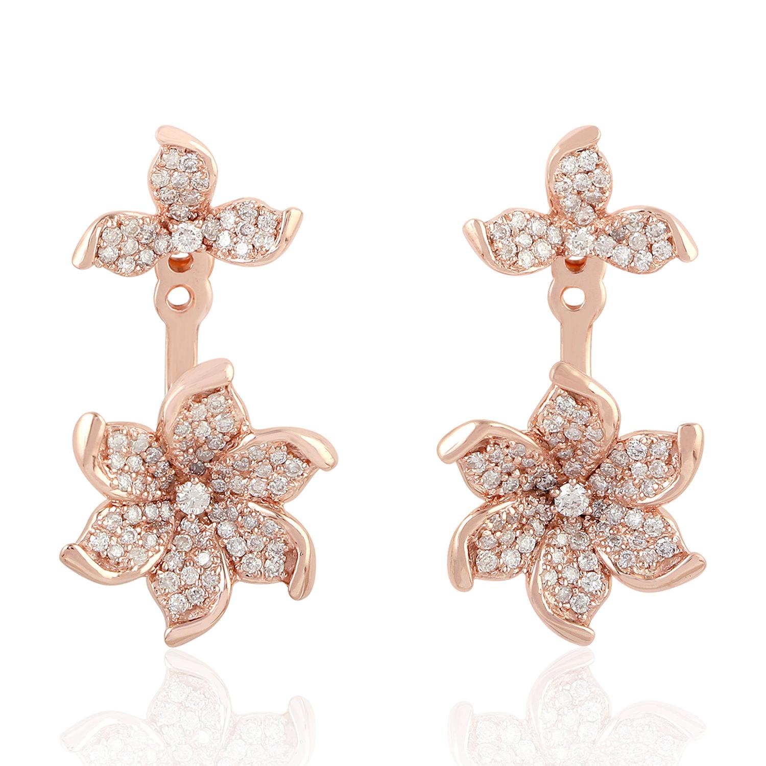 Mixed Cut Designer Flower Shaped Earrings with Pave Diamonds Made in 18k Rose Gold For Sale