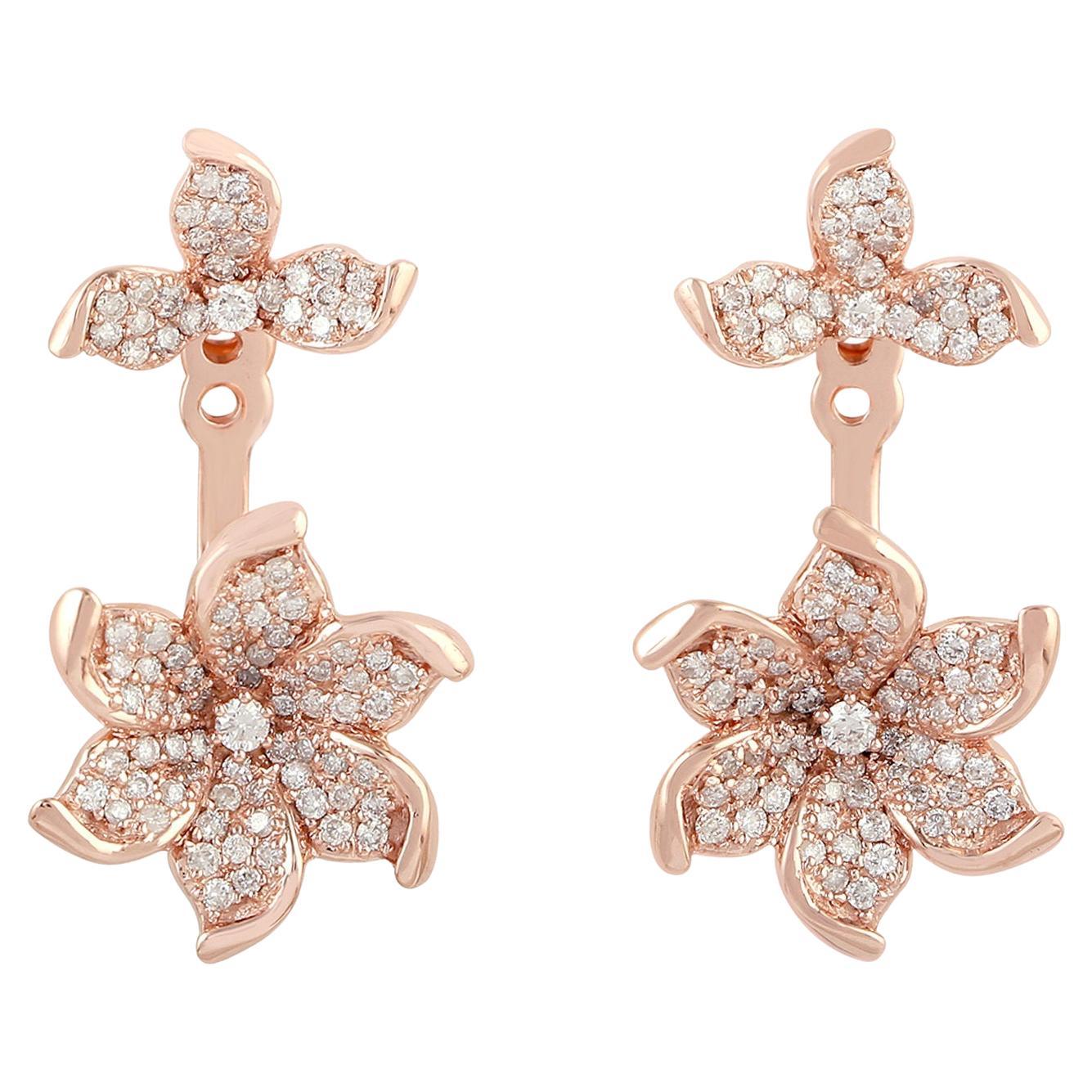Designer Flower Shaped Earrings with Pave Diamonds Made in 18k Rose Gold For Sale