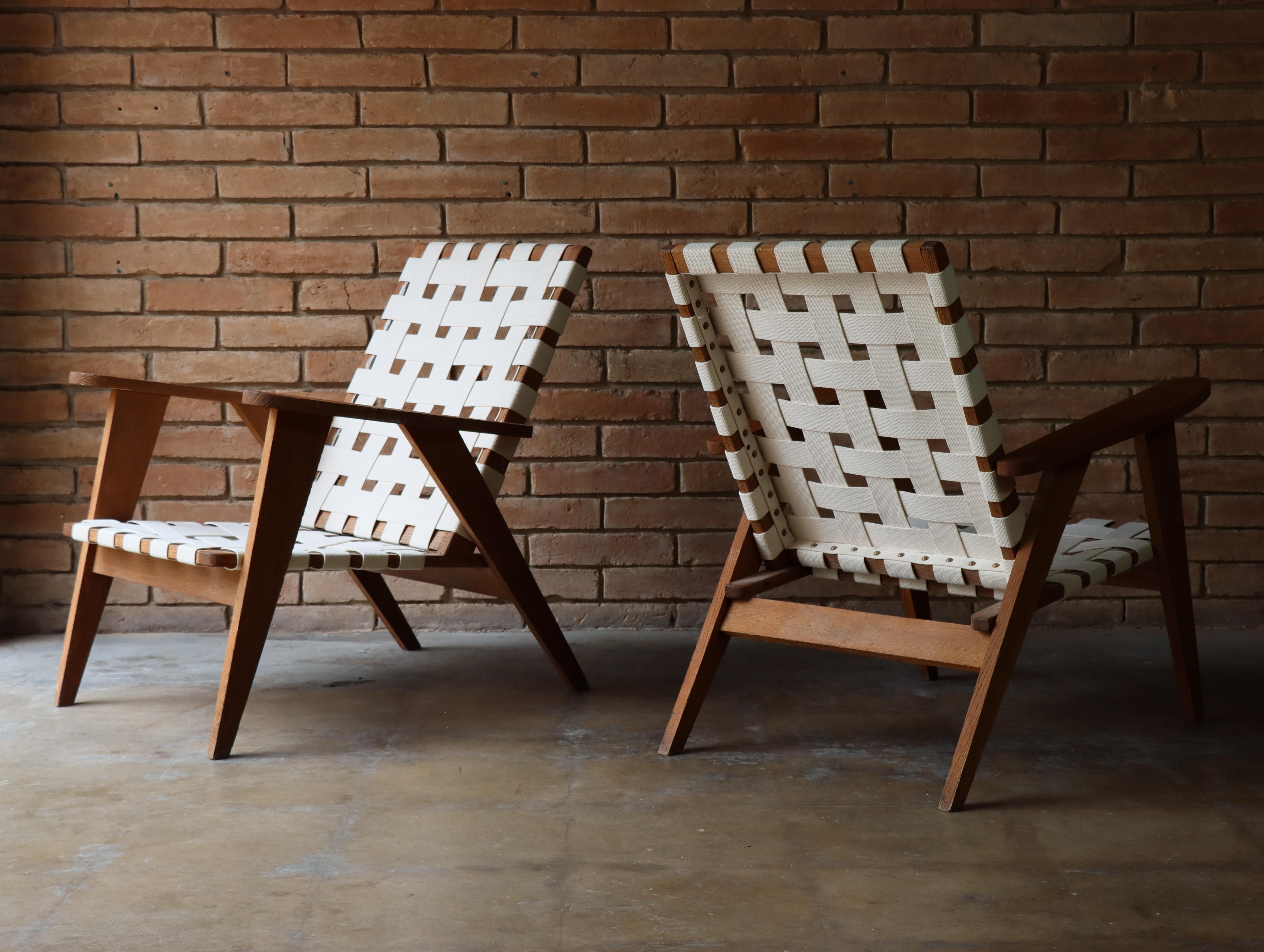 Mid-20th Century Designer, French Canvas Webbed Lounge Chairs - 1960s France For Sale