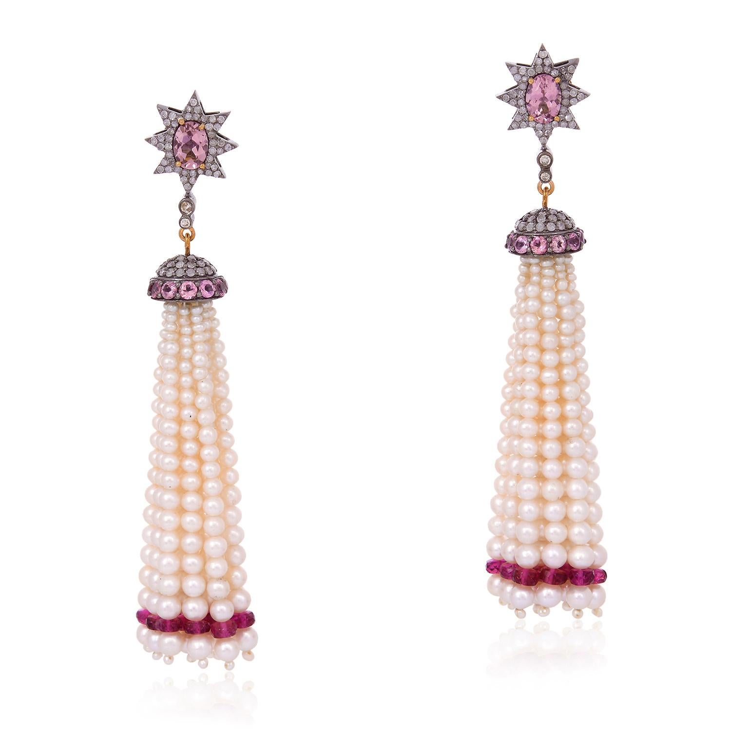 Round Cut Designer Fresh Water Pearl & Pink Tourmaline Tassel Dangle Earring Gold & Silver