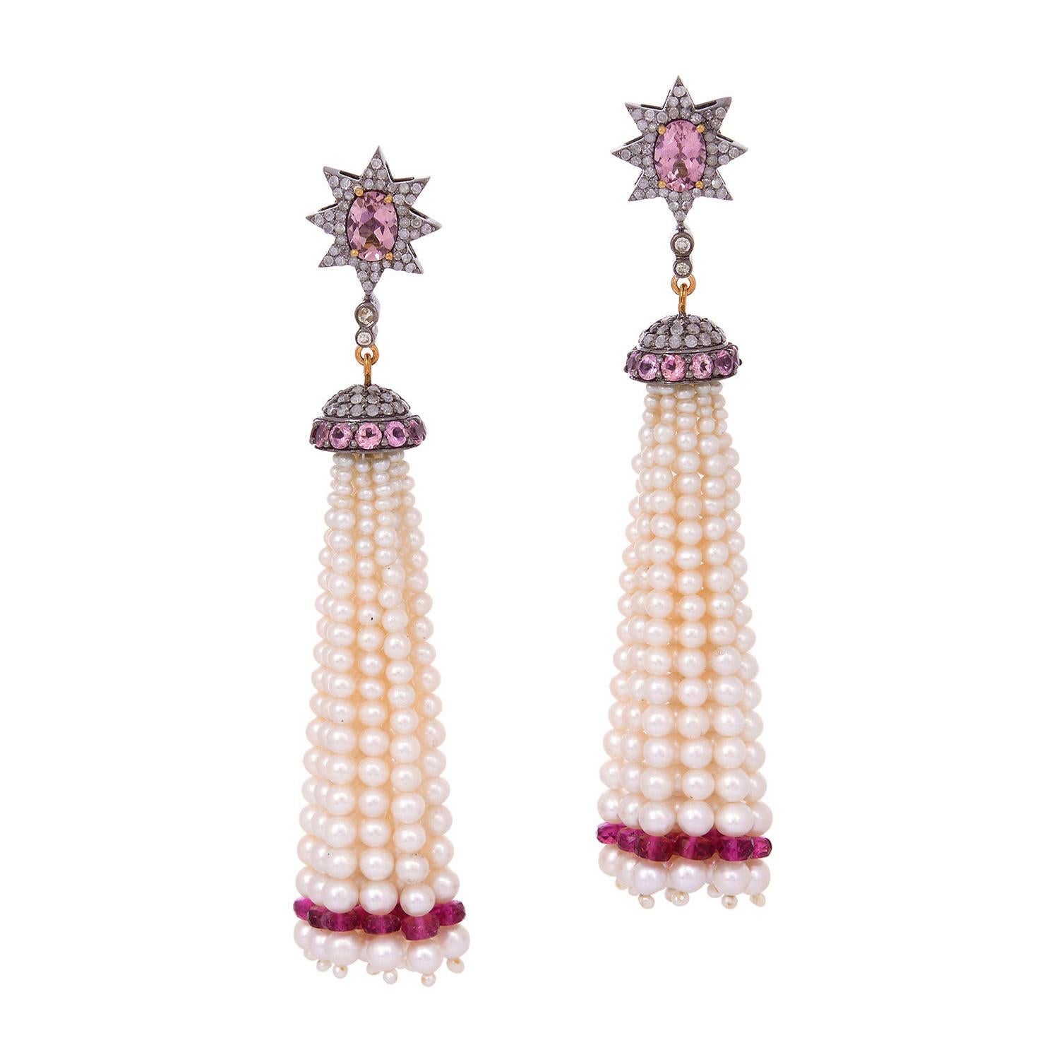Designer Fresh Water Pearl & Pink Tourmaline Tassel Dangle Earring Gold & Silver