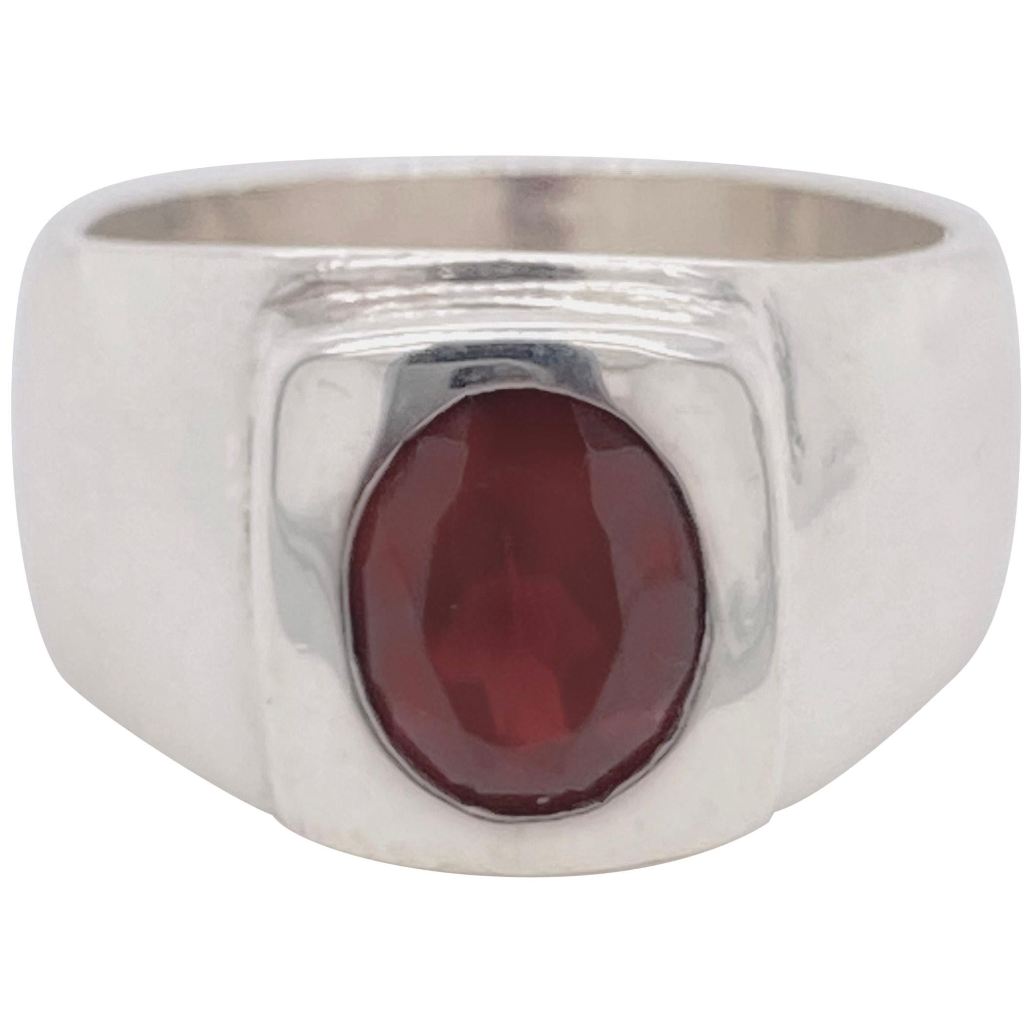 Designer Garnet Ring, Sterling Silver, Wide Band, Handmade Bezel-Set Ring For Sale