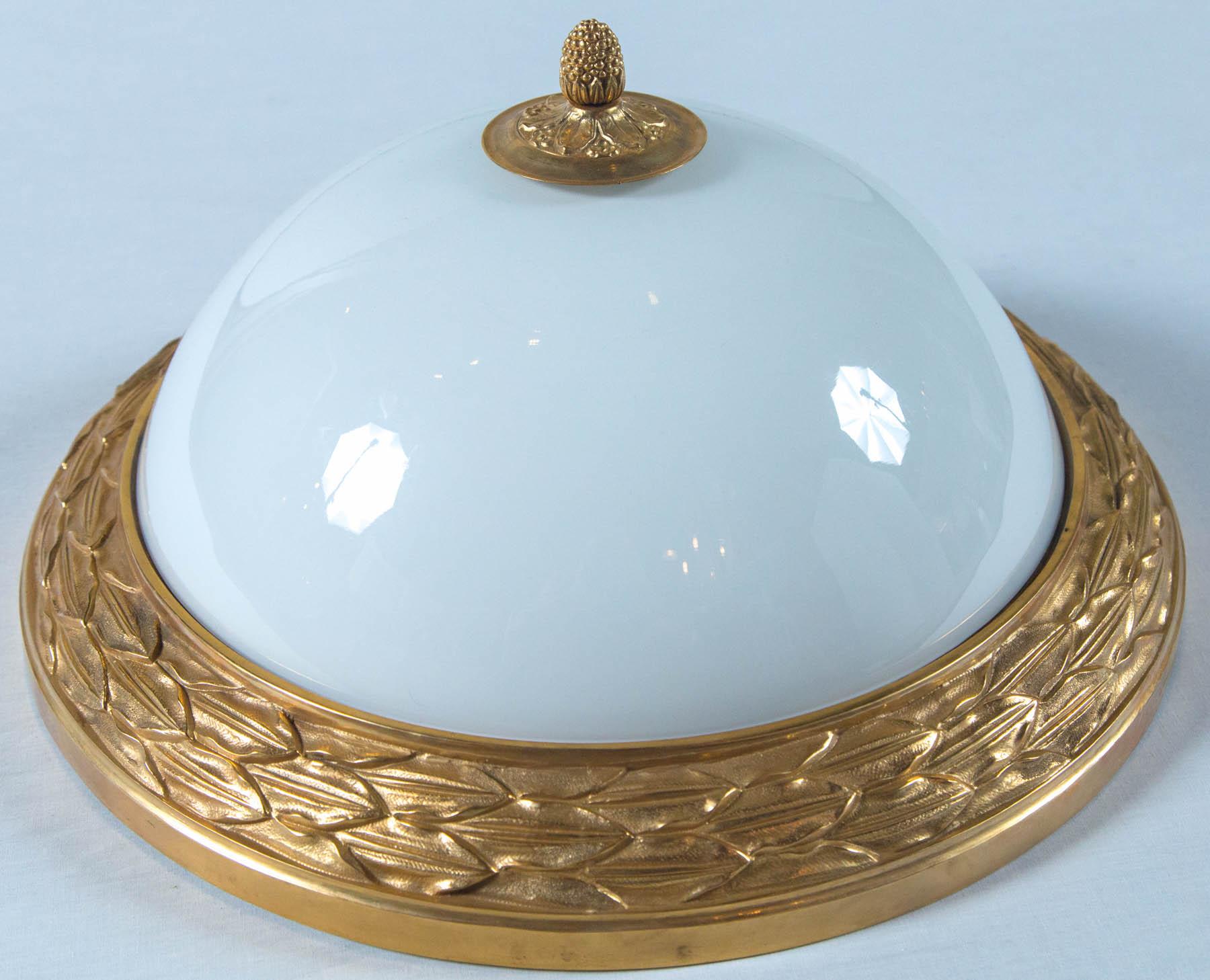 Mid-Century Modern Designer Gilt Ormolu Dore Bronze & French Opaline Dome Ceiling Light Fixture For Sale
