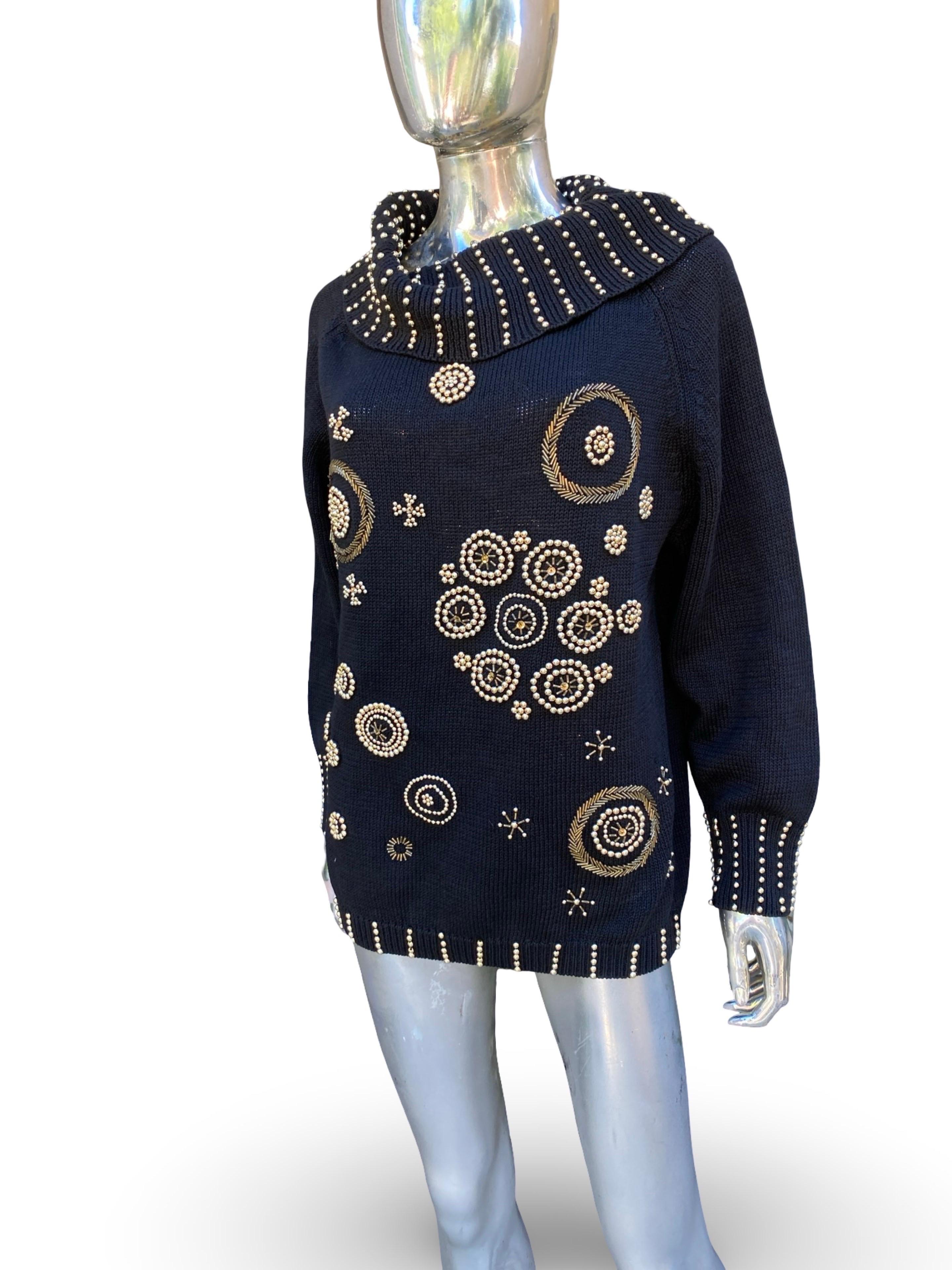 Designer Glam Gold Beaded Embellished Holiday Draped Black Sweater Size L en vente 5