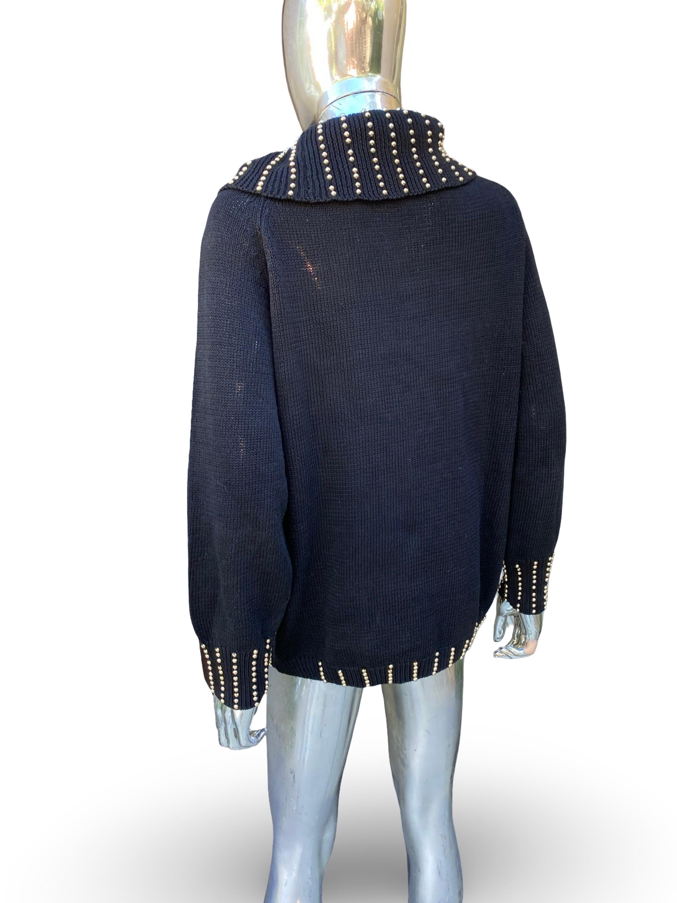 Designer Glam Gold Beaded Embellished Holiday Draped Black Sweater Size L en vente 6