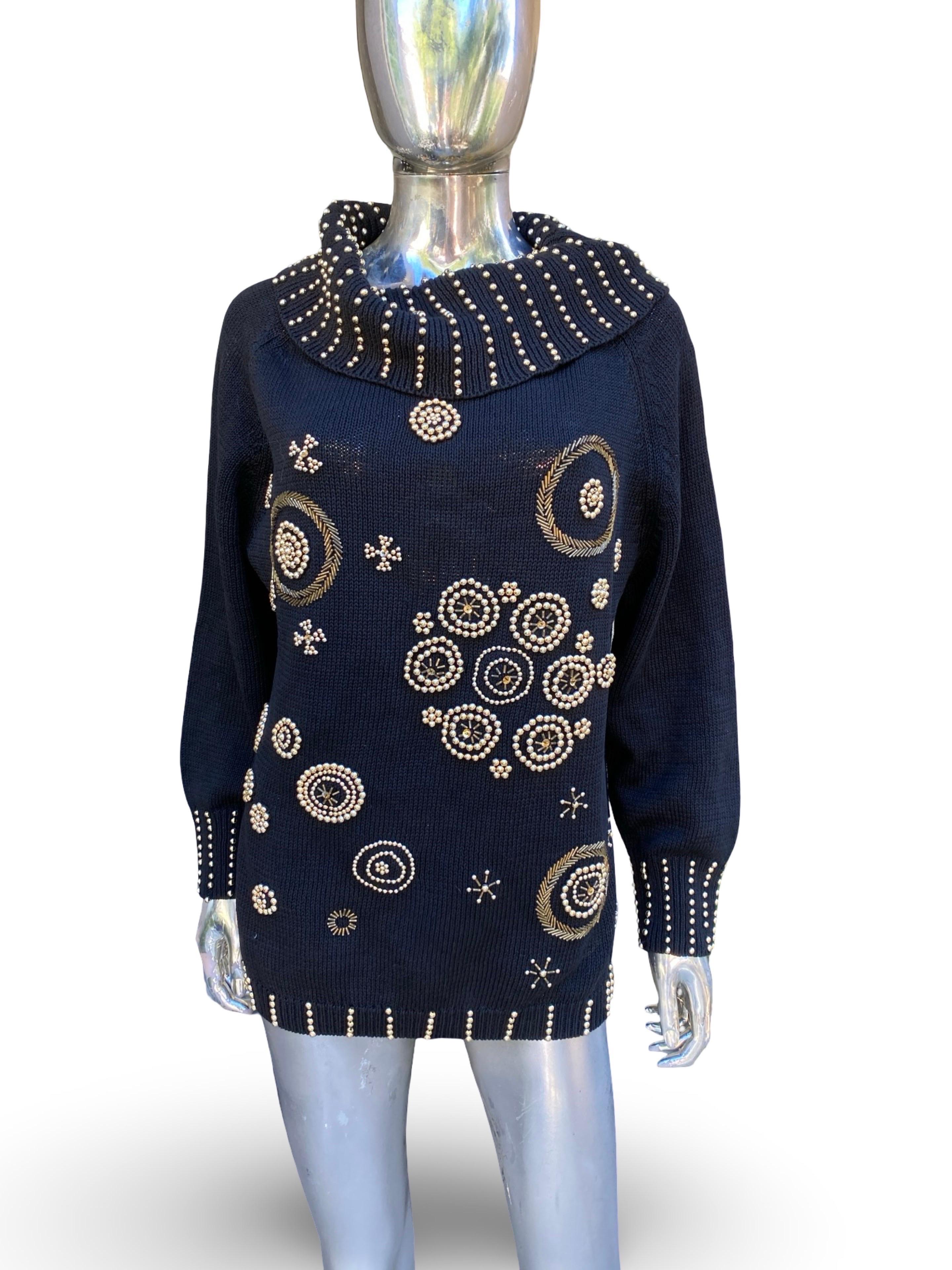 Designer Glam Gold Beaded Embellished Holiday Draped Black Sweater Size L en vente 7