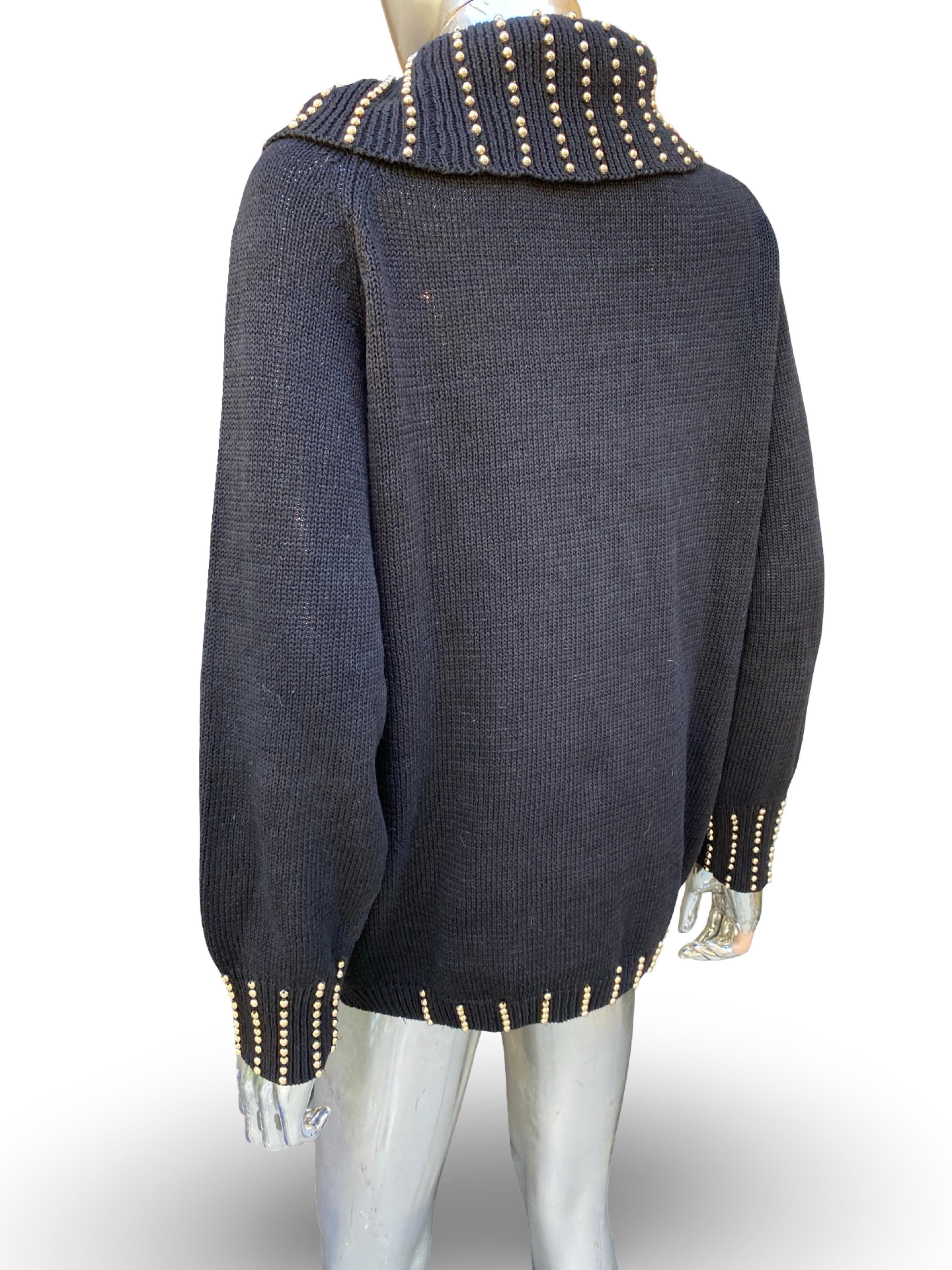 Designer Glam Gold Beaded Embellished Holiday Draped Black Sweater Size L en vente 2