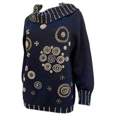 Designer Glam Gold Beaded Embellished Holiday Draped Black Sweater Size L