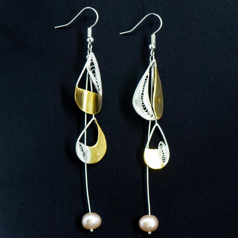 Modern Nautical Designer Gold Silver & Pearl Dangling Filigree Sailing Earrings For Sale