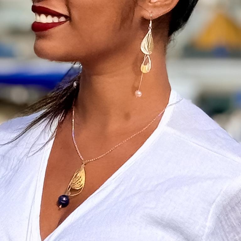 Bead Nautical Designer Gold Silver & Pearl Dangling Filigree Sailing Earrings For Sale