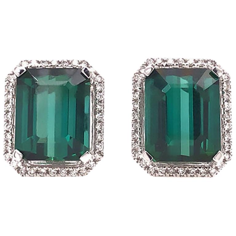 Designer Green Tourmaline Diamond Halo Earrings, 18 Karat White Gold For Sale
