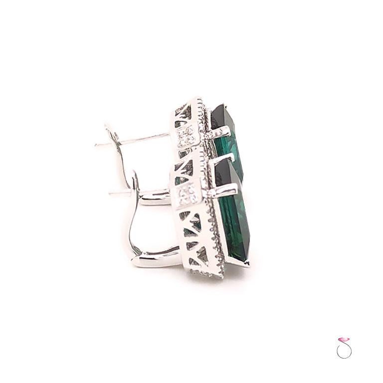 Emerald Cut Designer Green Tourmaline Diamond Halo Earrings, 18 Karat White Gold For Sale