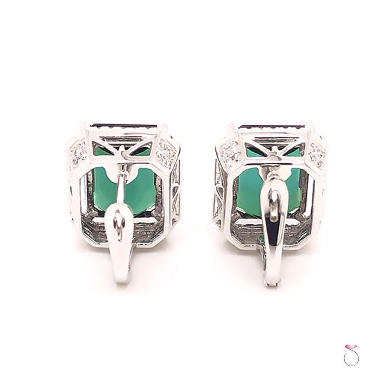 Women's Designer Green Tourmaline Diamond Halo Earrings, 18 Karat White Gold For Sale