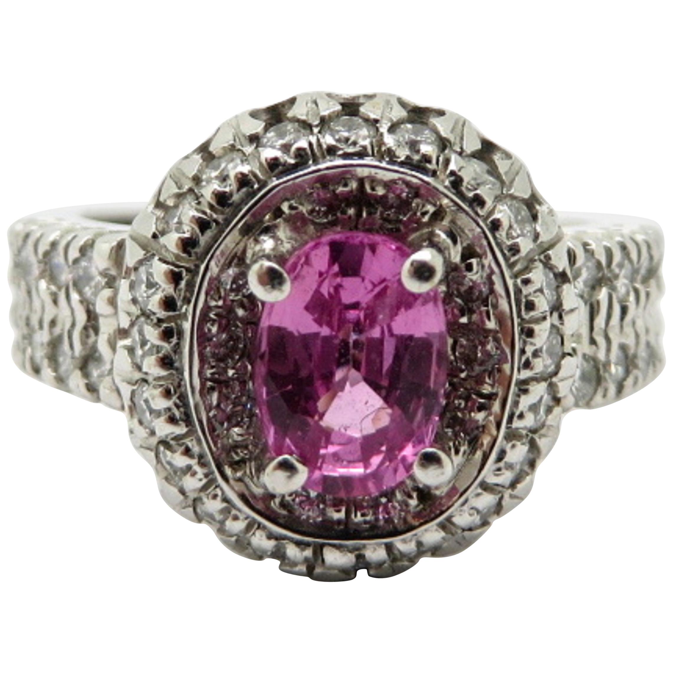 Designer Gregg Ruth 18 Karat Gold Pink Oval Sapphire Round Diamond Halo Ring For Sale