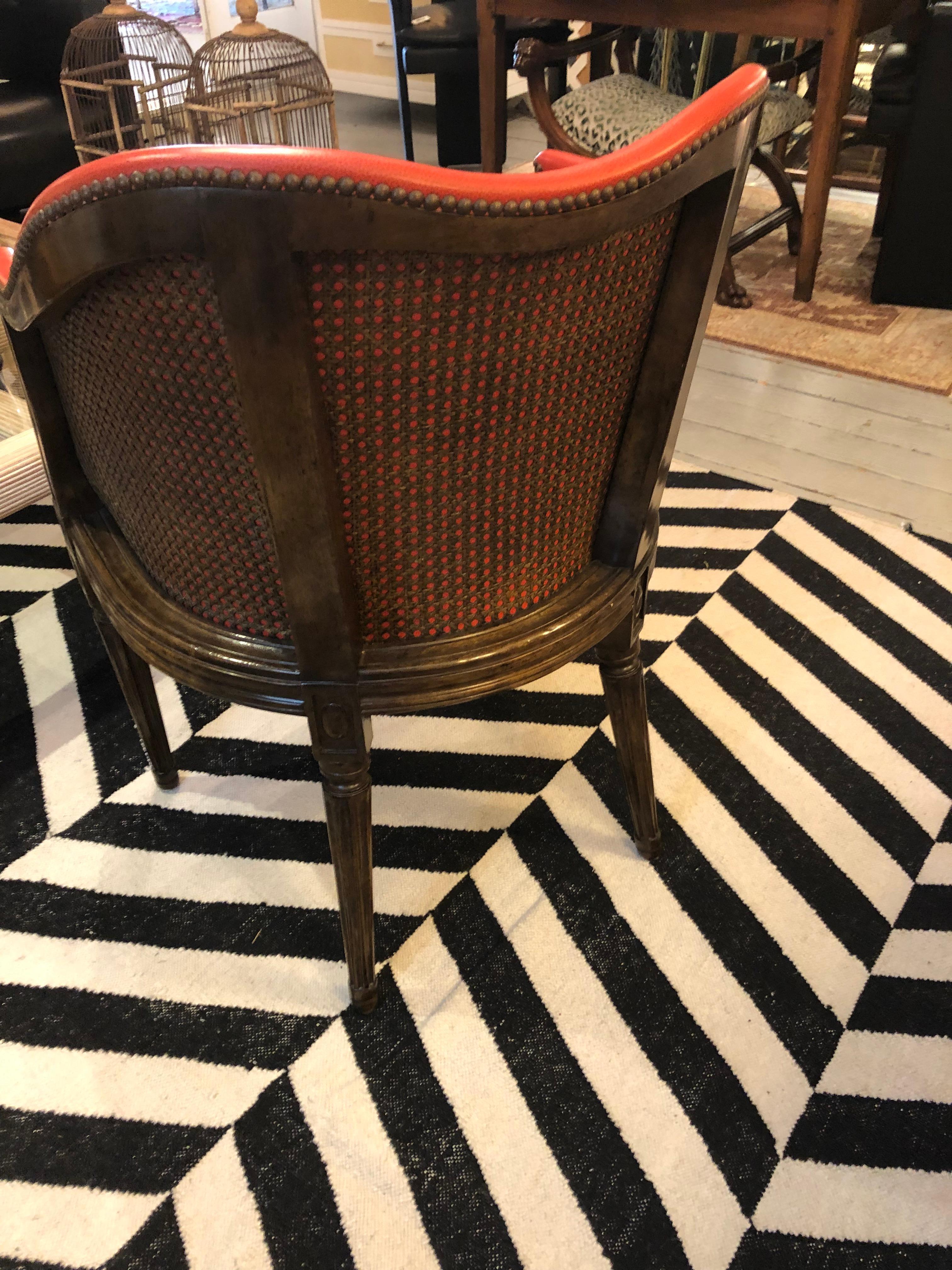 Louis XV Designer Gregorius Pineo French Style Burnt Orange Leather and Caned Tub Chair For Sale