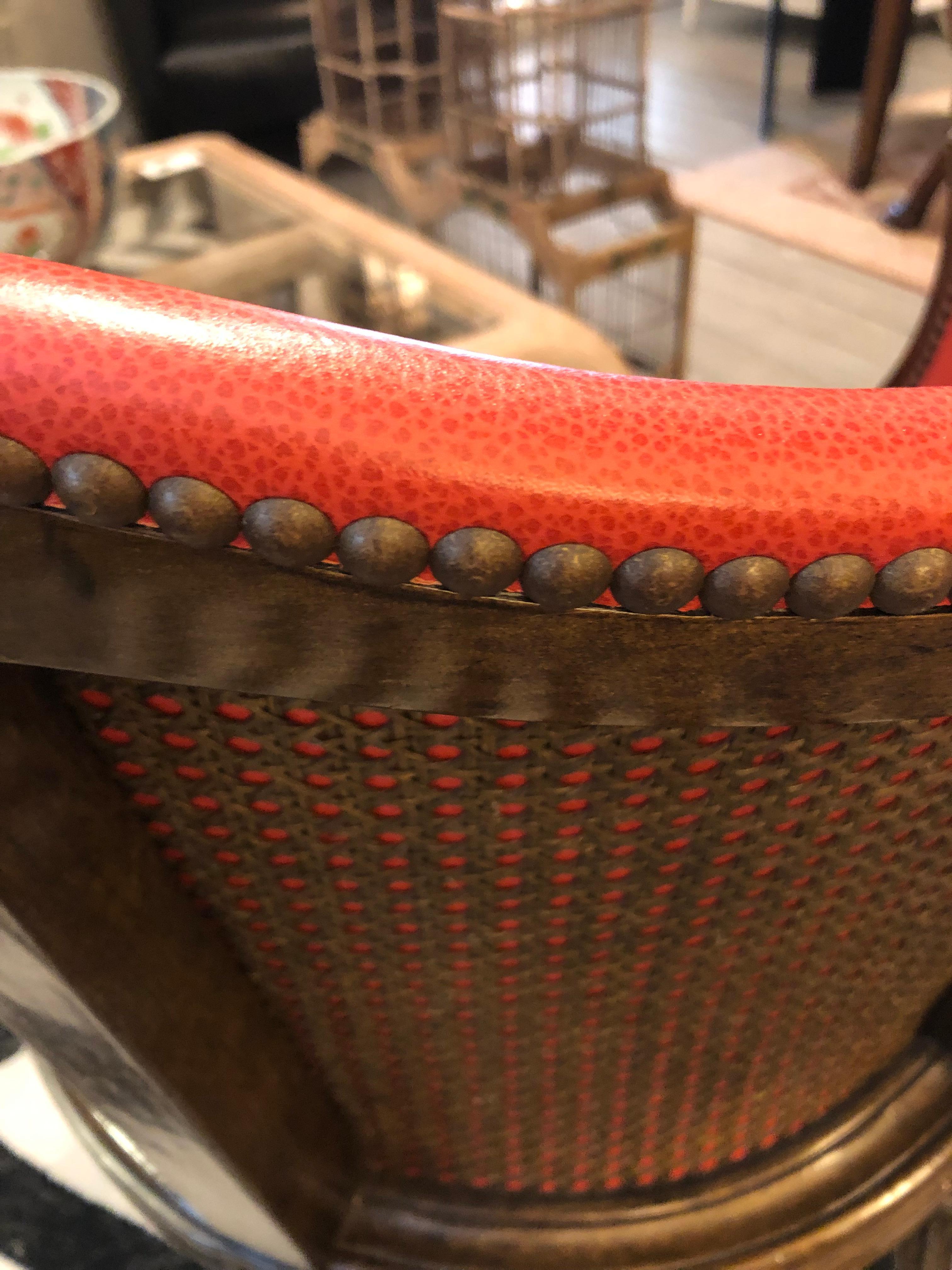 American Designer Gregorius Pineo French Style Burnt Orange Leather and Caned Tub Chair