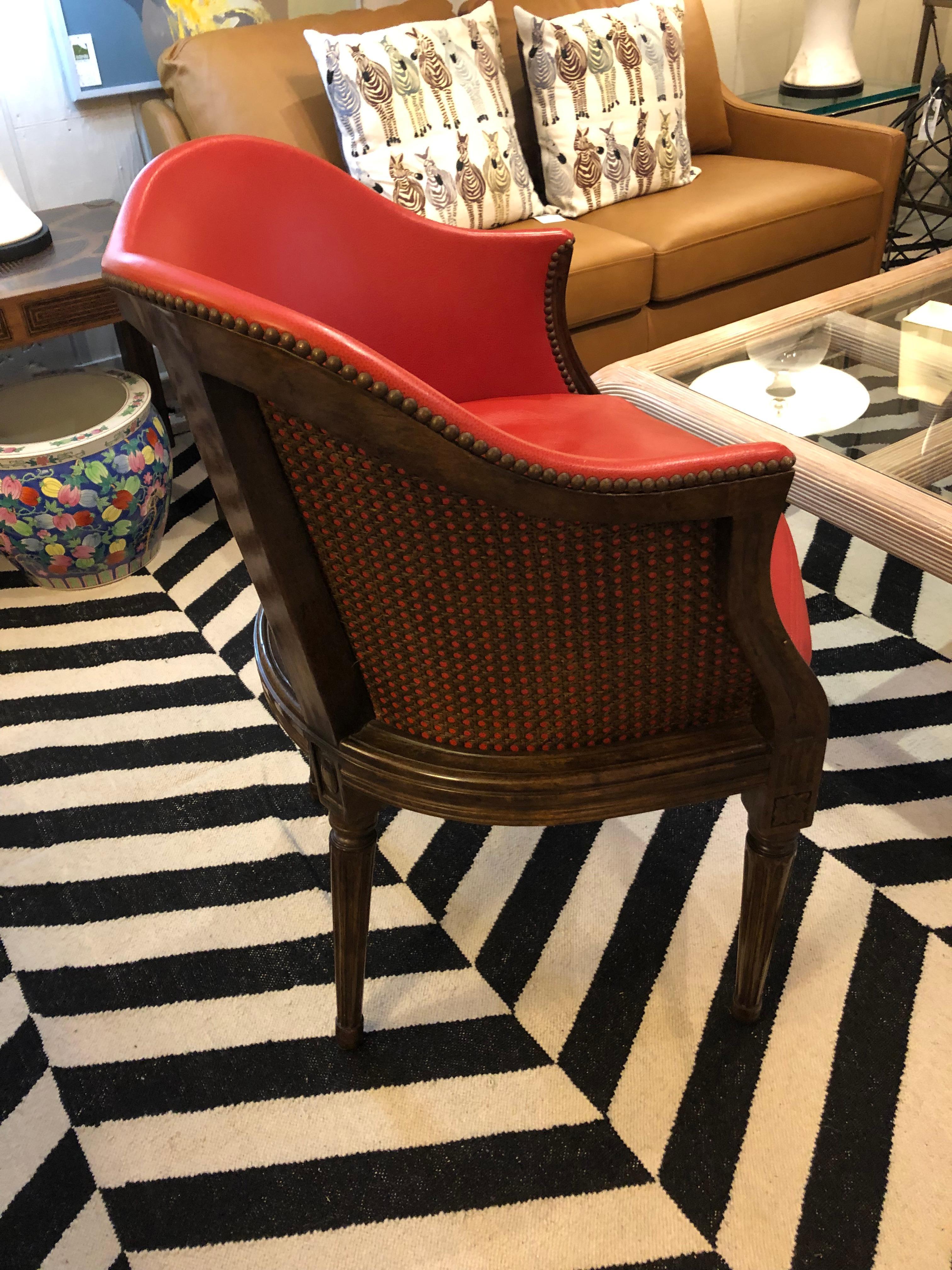 Designer Gregorius Pineo French Style Burnt Orange Leather and Caned Tub Chair In Good Condition For Sale In Hopewell, NJ
