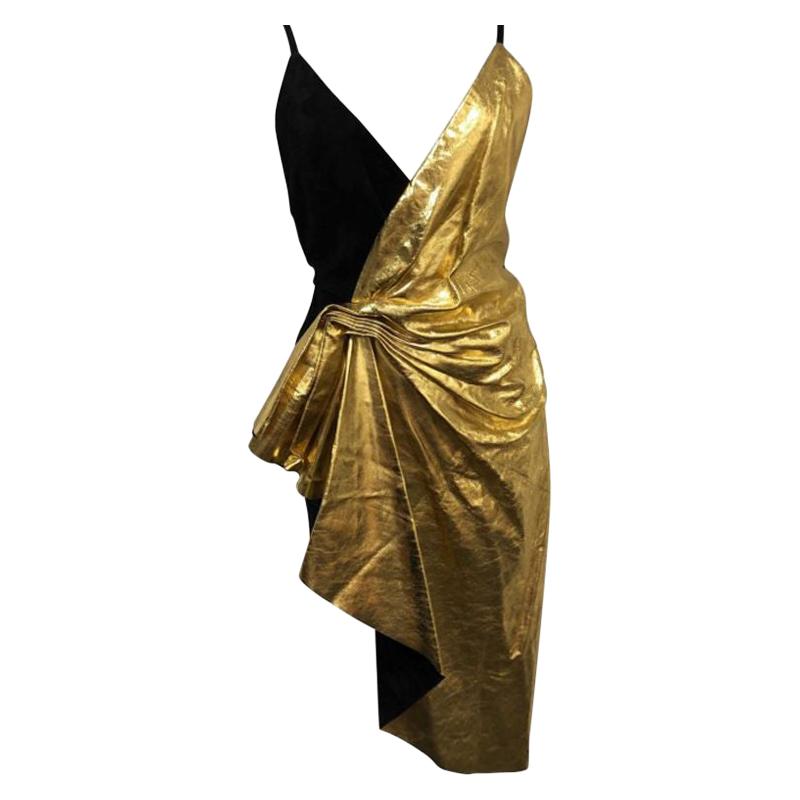DESIGNER GUCCI Asymmetric Leather/Suede Dress - Black/Gold - Size 40 For Sale
