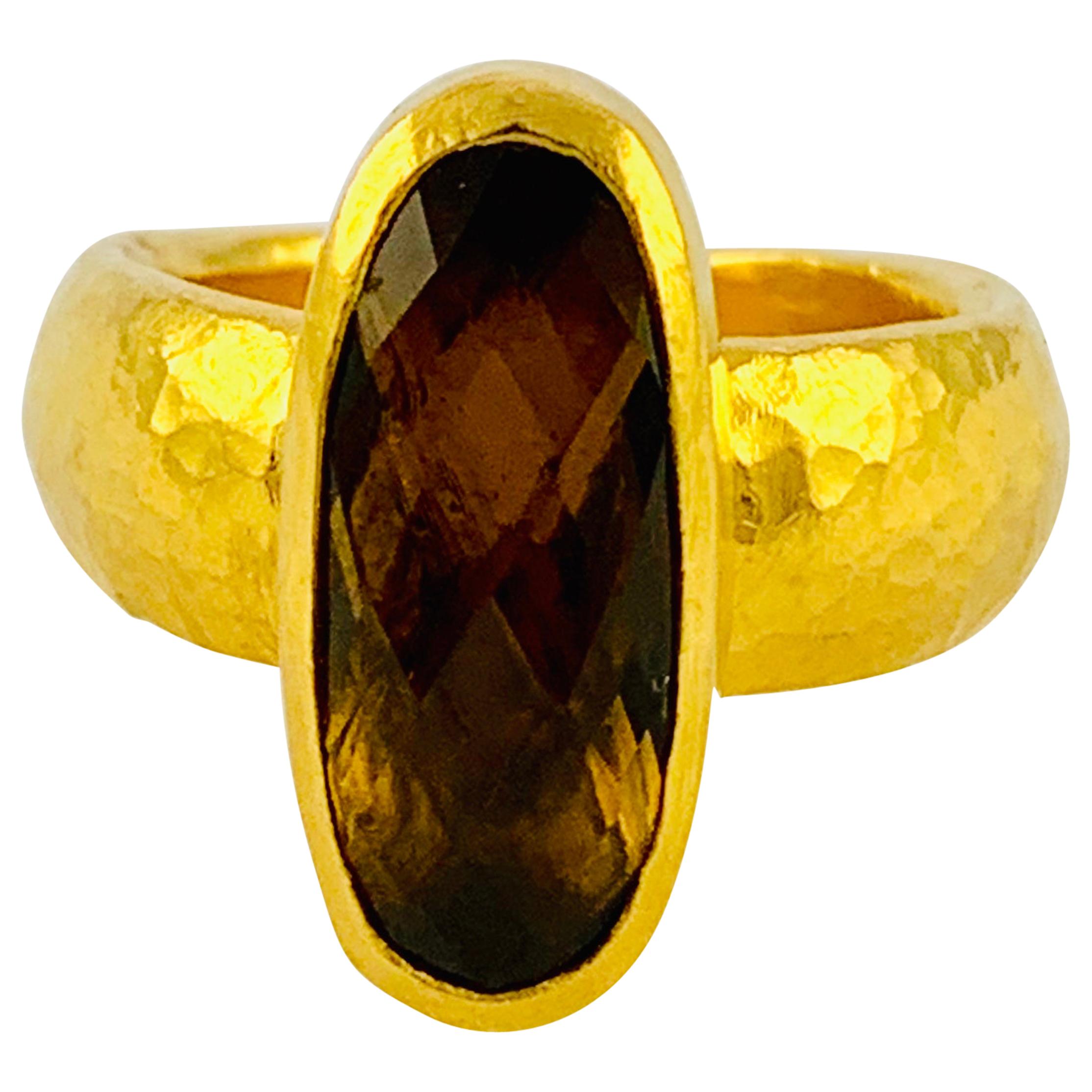 Designer Gurhan Hammered 24 Karat Yellow Gold and Smoky Quartz Ring