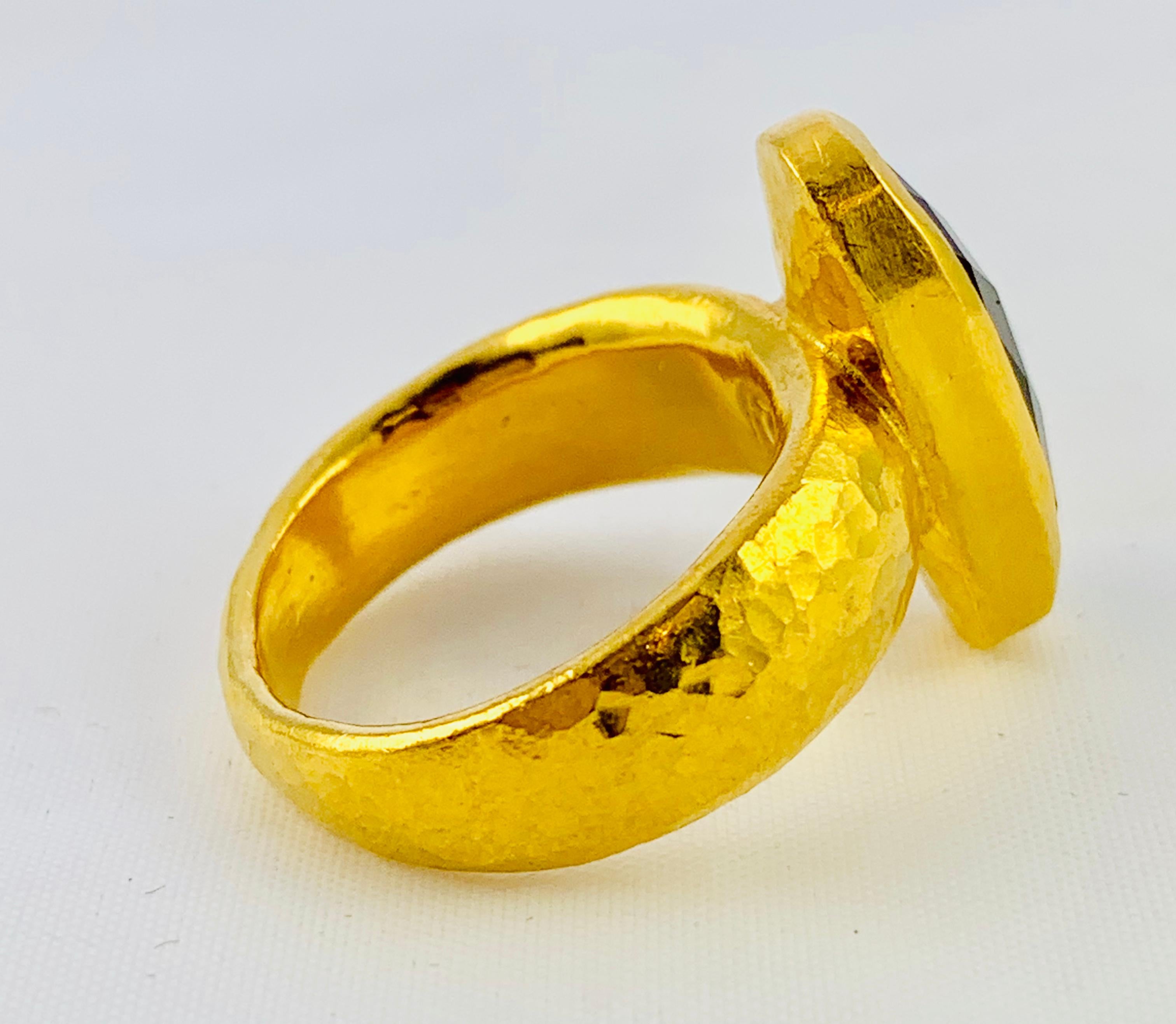 Oval Cut Designer Gurhan Hammered 24 Karat Yellow Gold and Smoky Quartz Ring