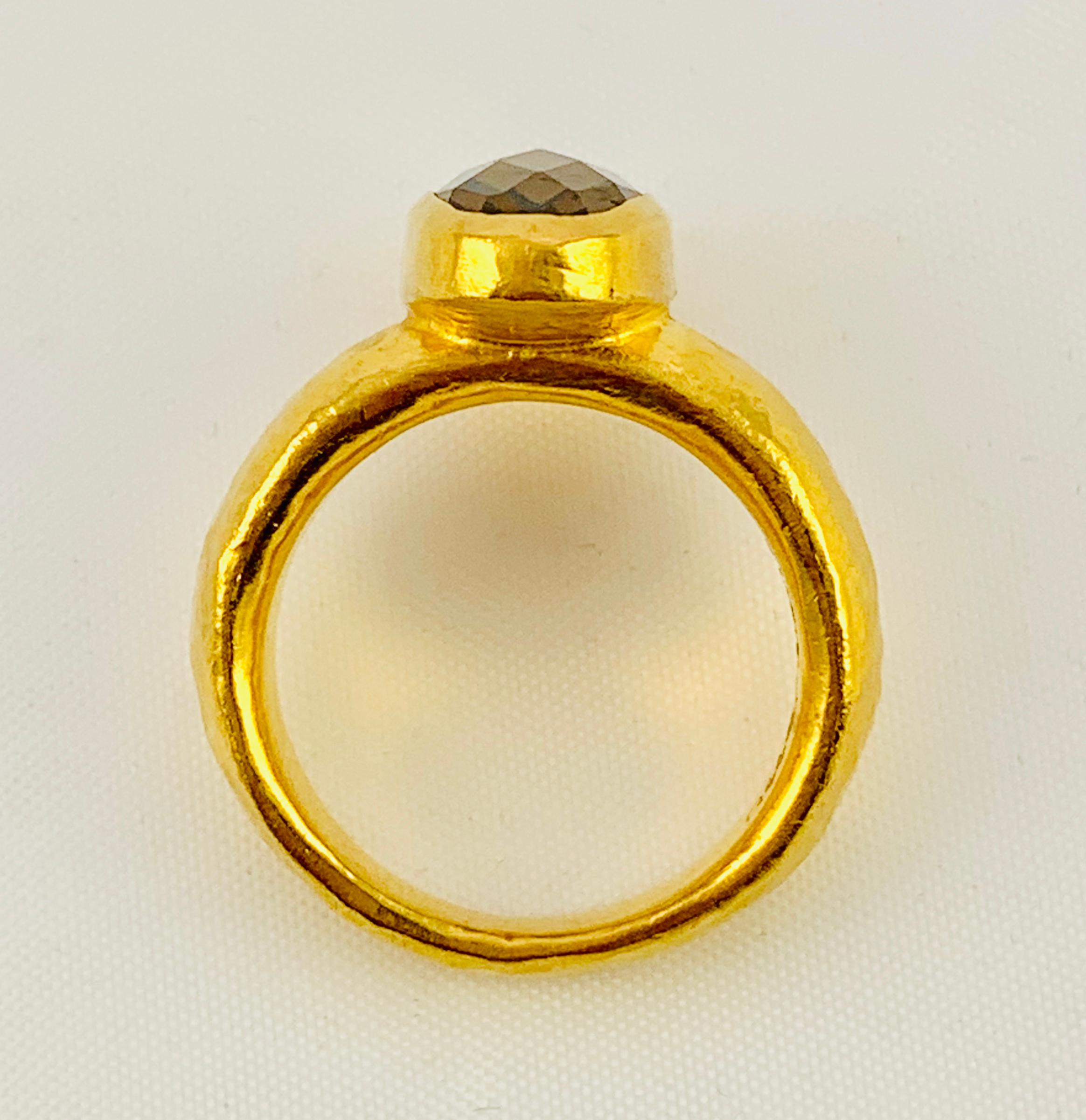 Designer Gurhan Hammered 24 Karat Yellow Gold and Smoky Quartz Ring 1
