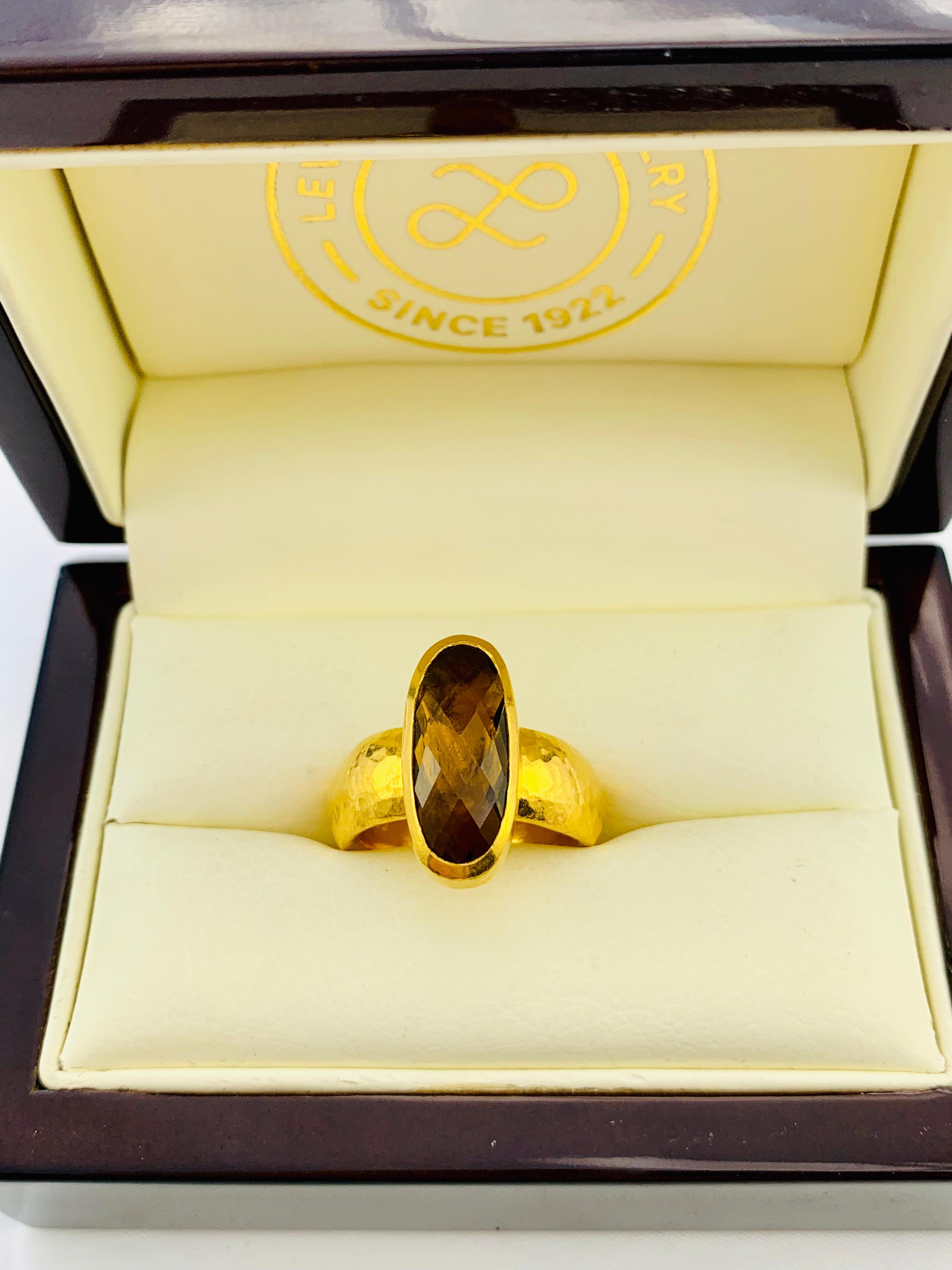 Designer Gurhan Hammered 24 Karat Yellow Gold and Smoky Quartz Ring 2