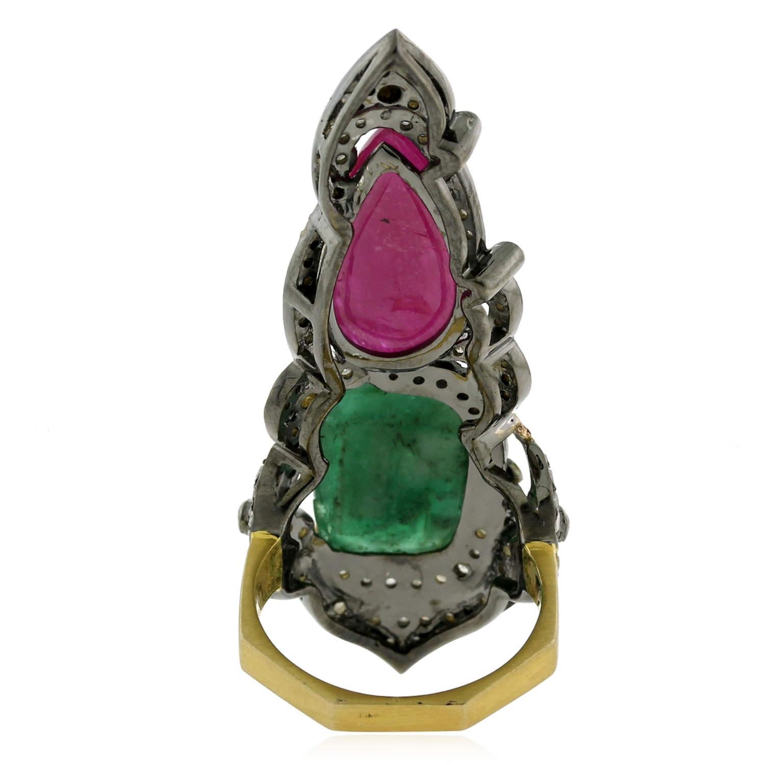 Modern Designer Hand Carved Ruby, Emerald Ring with Diamonds in Gold and Silver For Sale