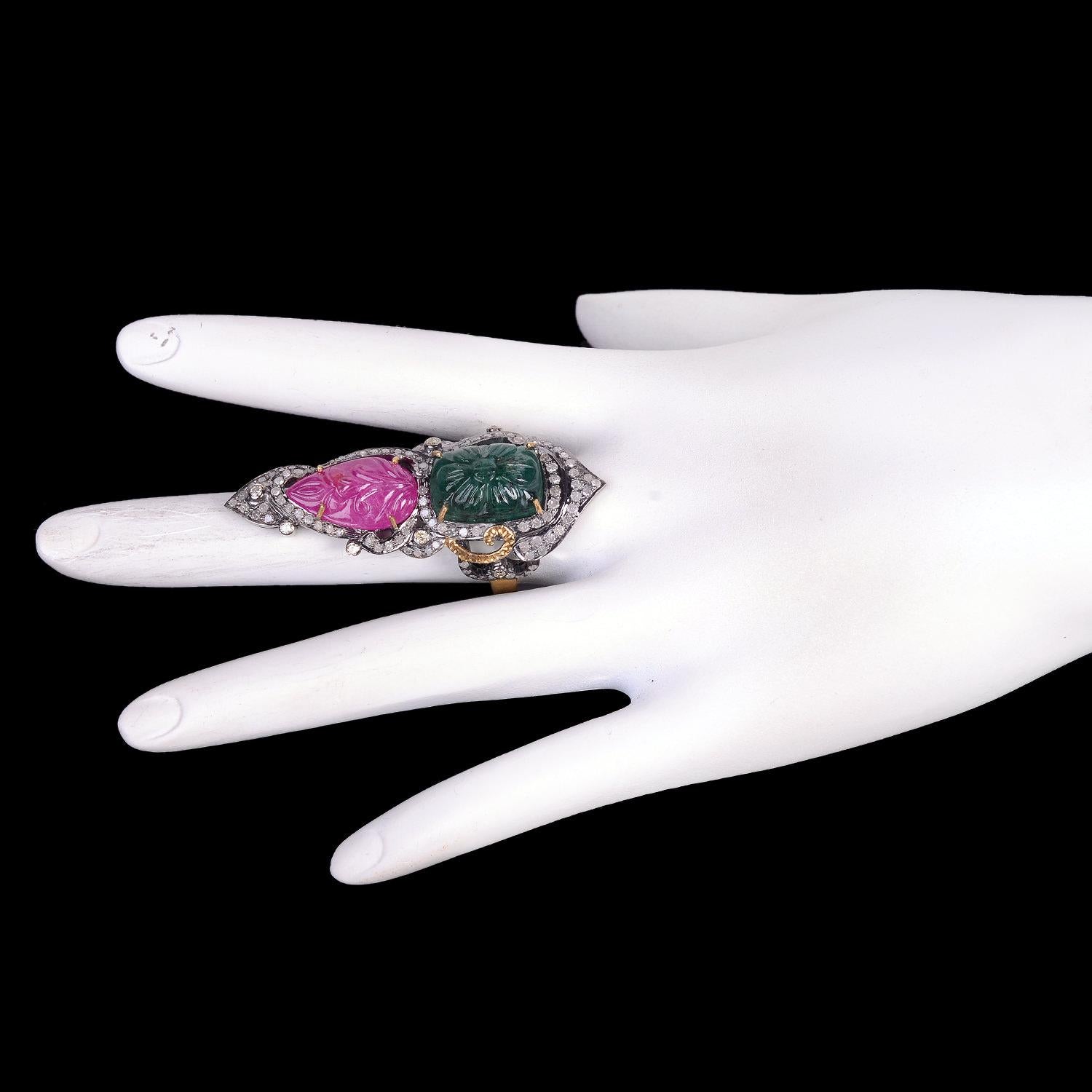 Cushion Cut Designer Hand Carved Ruby, Emerald Ring with Diamonds in Gold and Silver For Sale