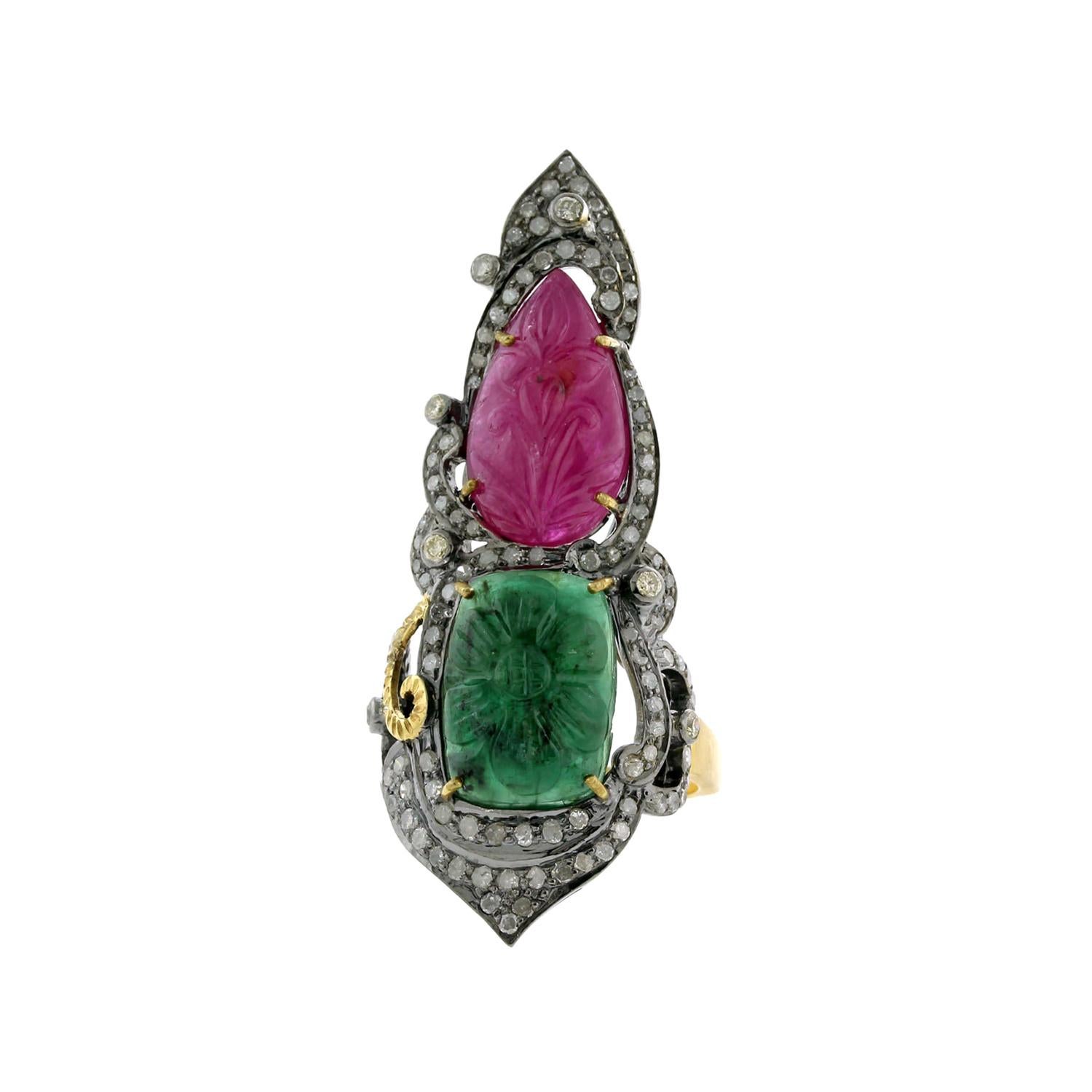 Designer Hand Carved Ruby, Emerald Ring with Diamonds in Gold and Silver For Sale