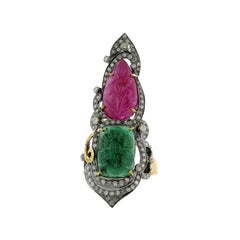 Designer Hand Carved Ruby, Emerald Ring with Diamonds in Gold and Silver