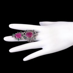 Designer Hand Carved Ruby Ring with Diamonds and Emeralds in Gold and Silver