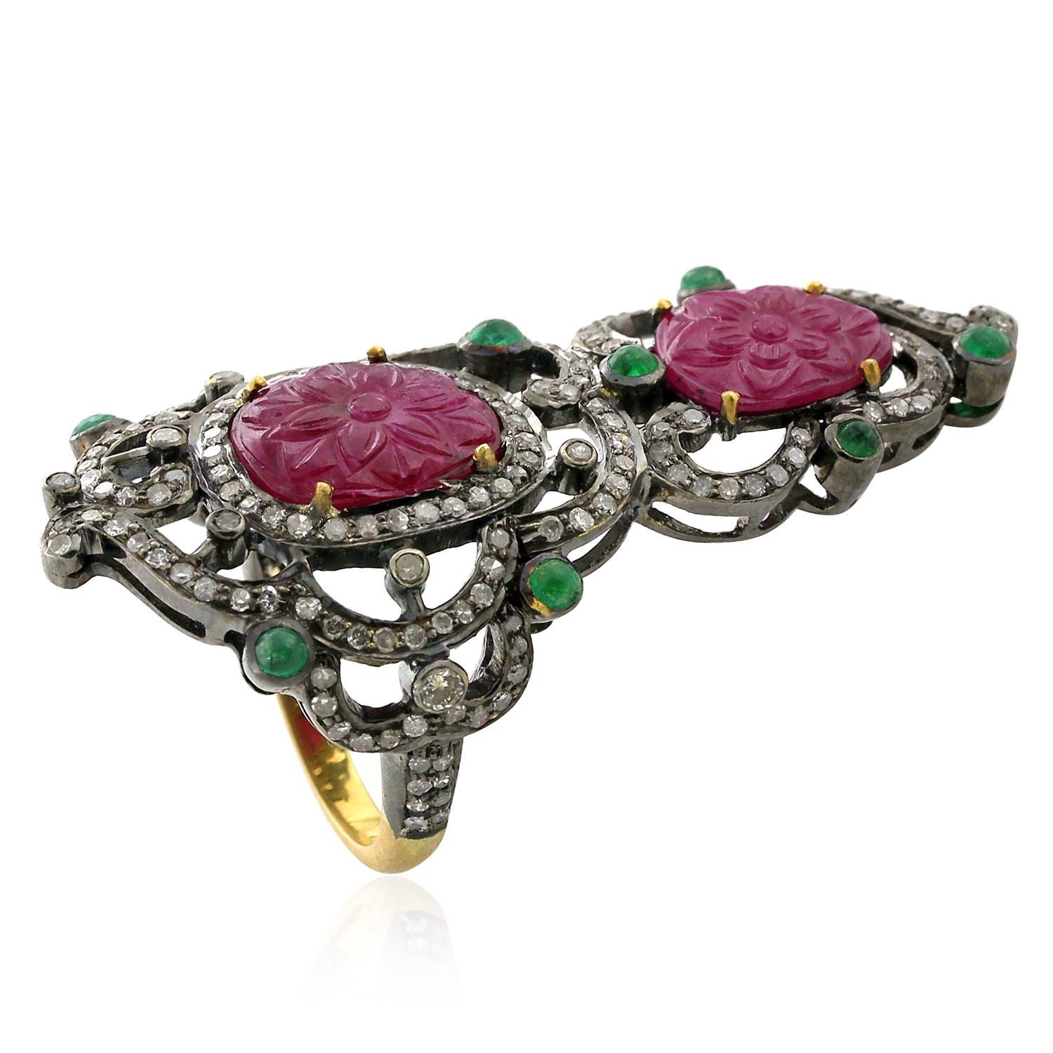Modern Designer Hand Carved Ruby Ring with Diamonds and Emeralds in Gold and Silver For Sale